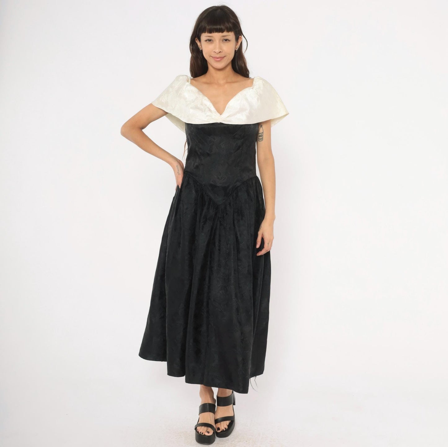 90s Black Ivory Jacquard Off-Shoulder Evening Gown Basque Waist Large L