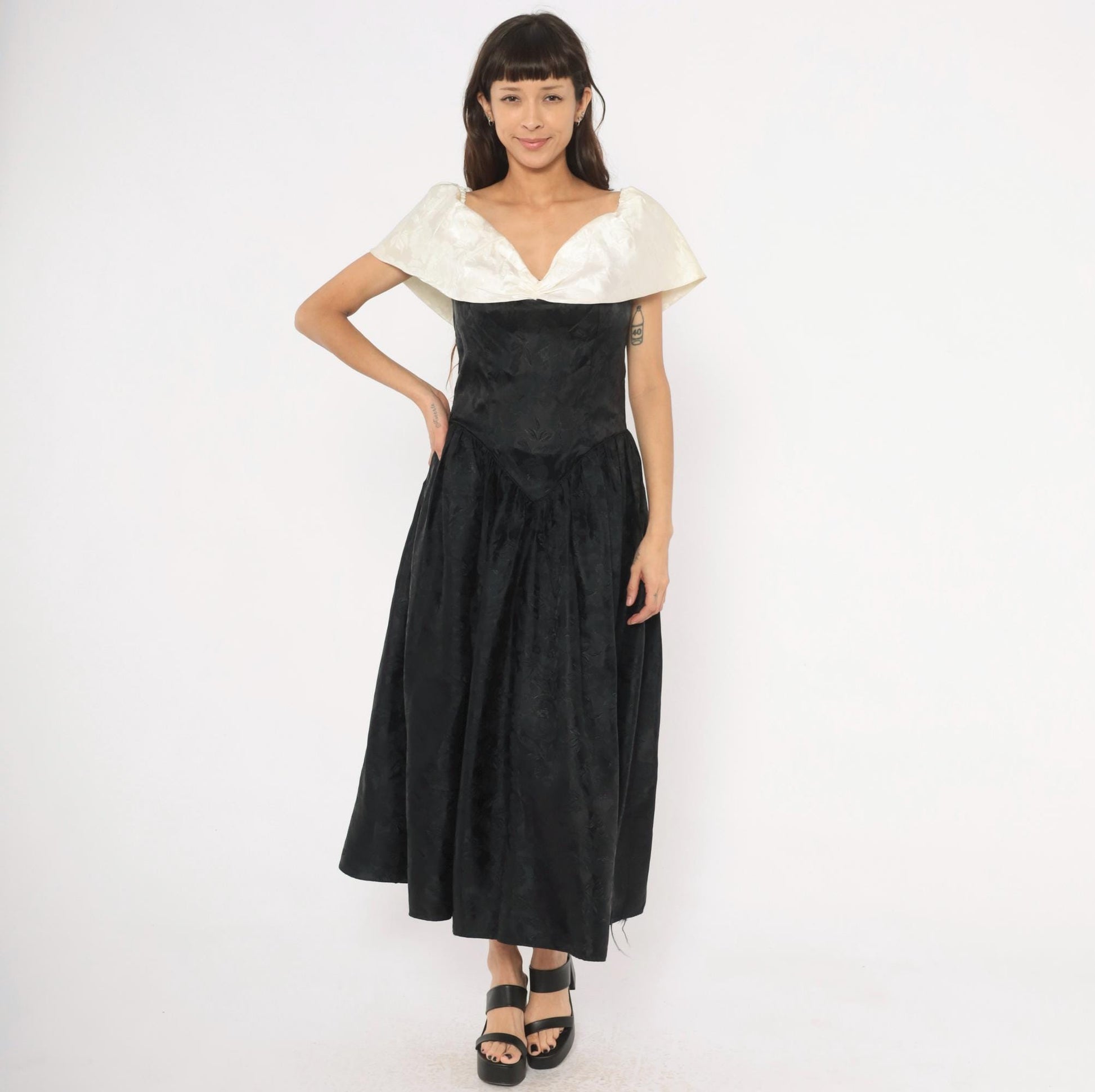 90s Black Ivory Jacquard Off-Shoulder Evening Gown Basque Waist Large L
