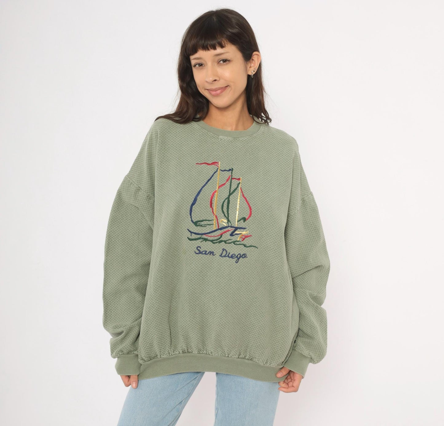 90s San Diego Sailboat Embroidered Waffle Knit Sweatshirt Olive Large L