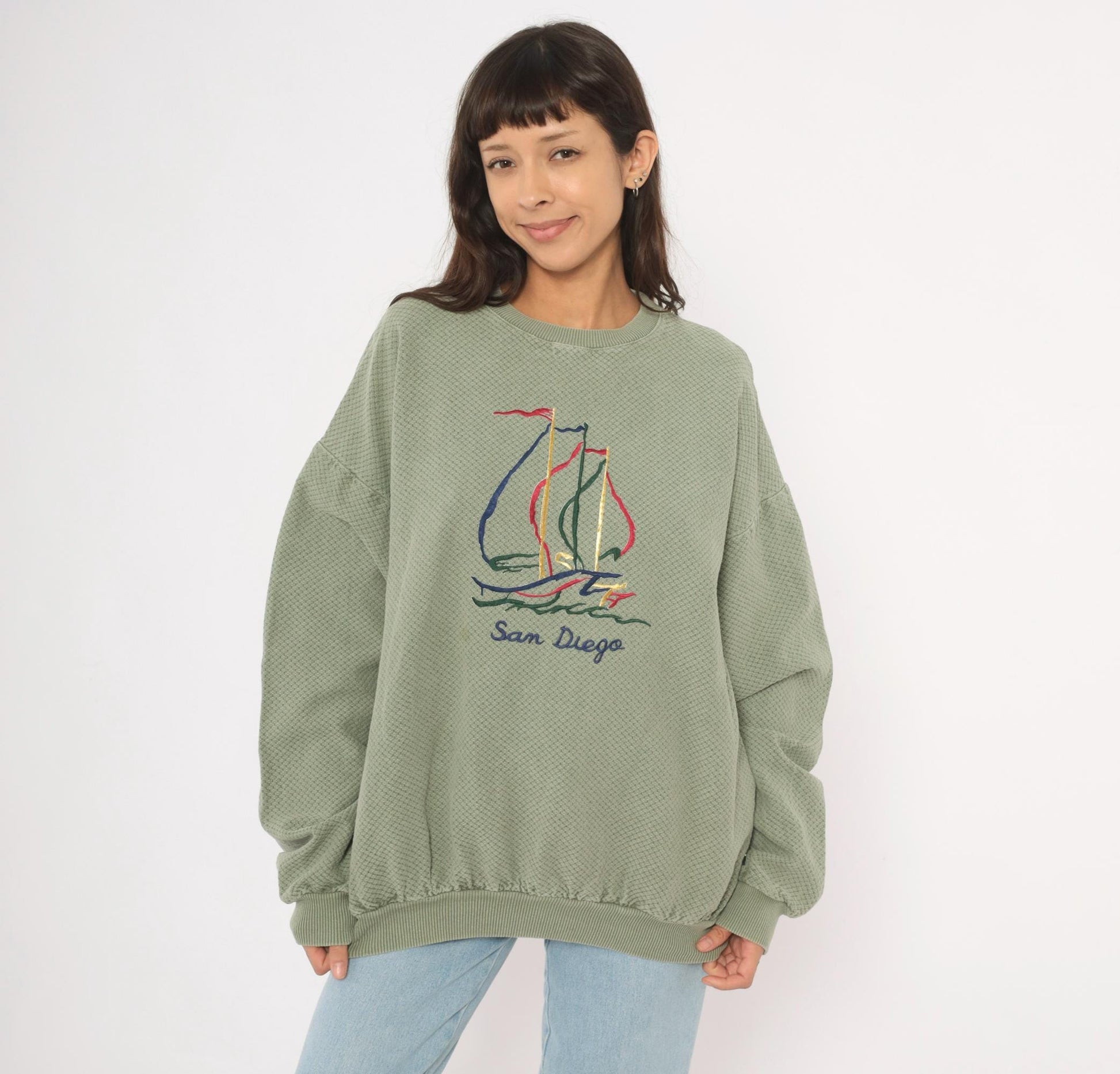 90s San Diego Sailboat Embroidered Waffle Knit Sweatshirt Olive Large L