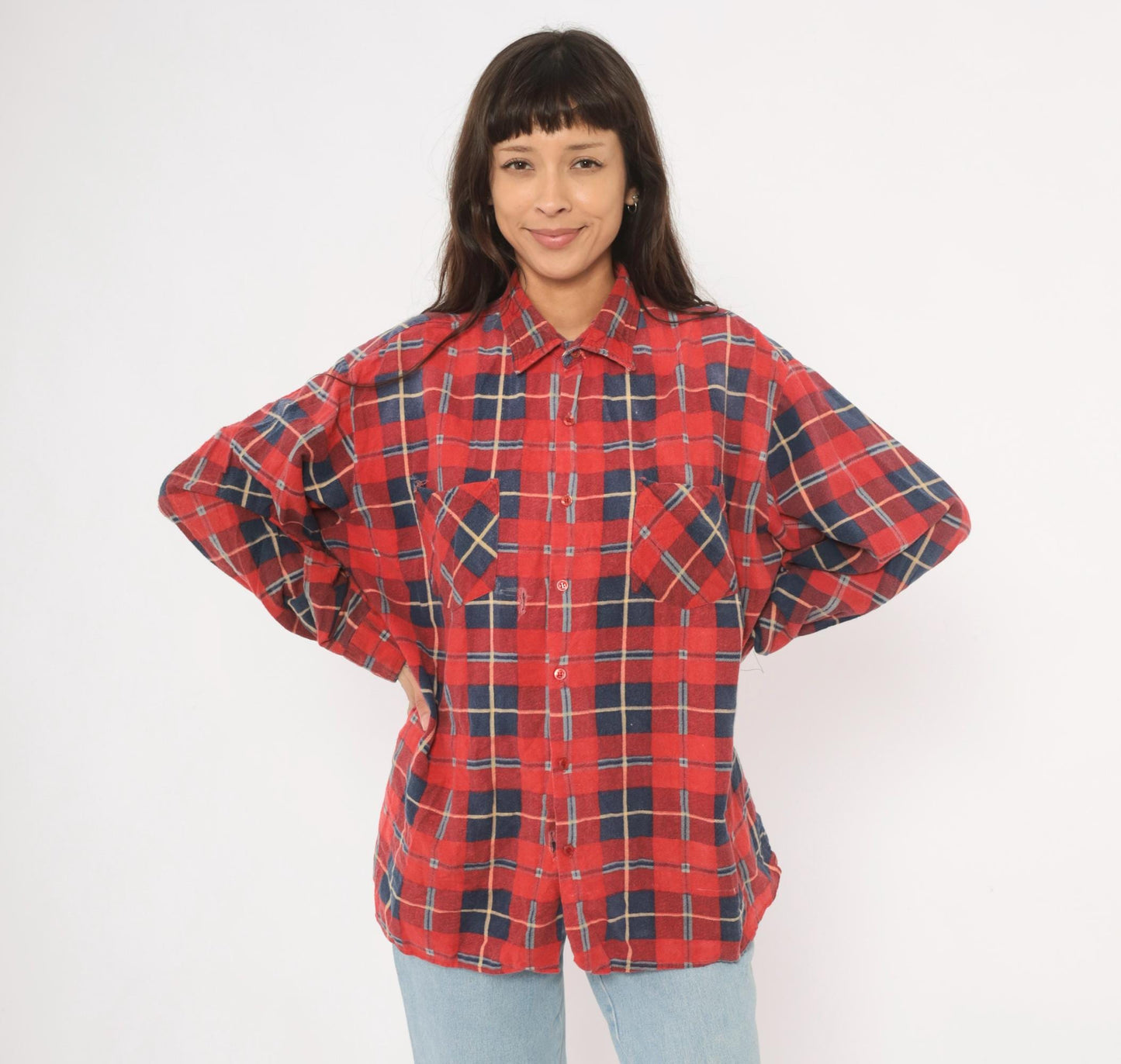90s Saugatuck Red Navy Plaid Flannel Shirt Cotton Point Collar Extra Large XL