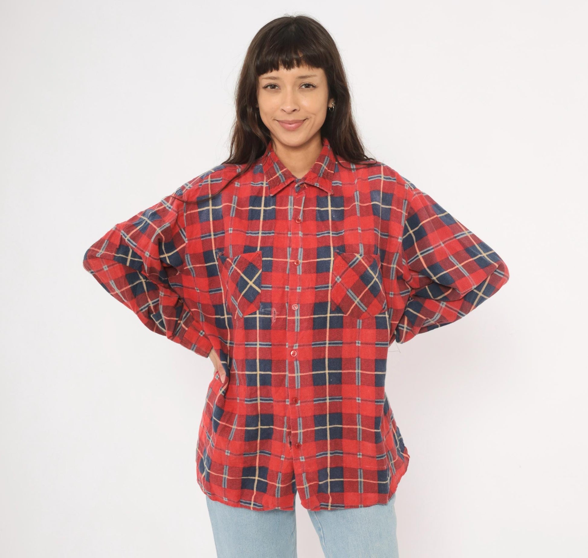 90s Saugatuck Red Navy Plaid Flannel Shirt Cotton Point Collar Extra Large XL