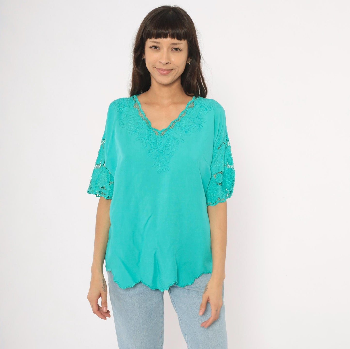 80s Bali Emerald Teal Cutwork Lace Blouse Floral Embroidered V-Neck