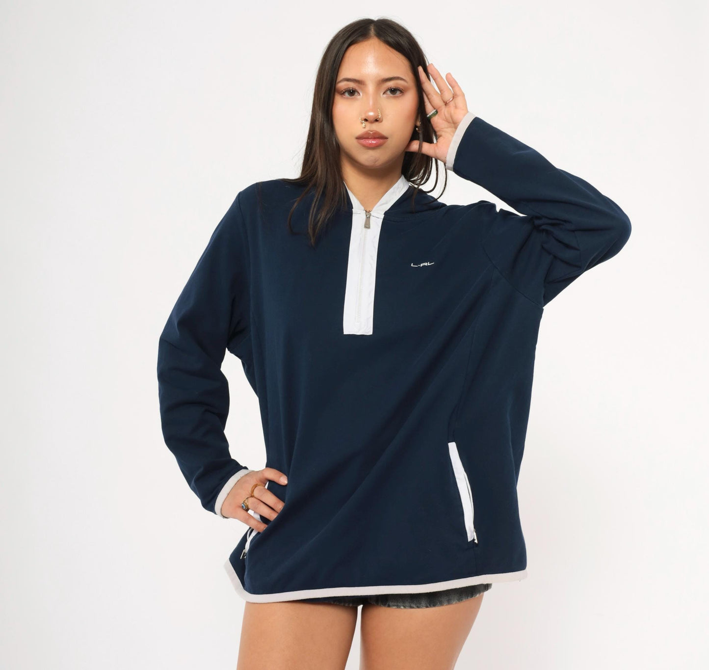 Y2K Ralph Lauren Active Half Zip Hoodie Navy Cotton Plus Size XXL