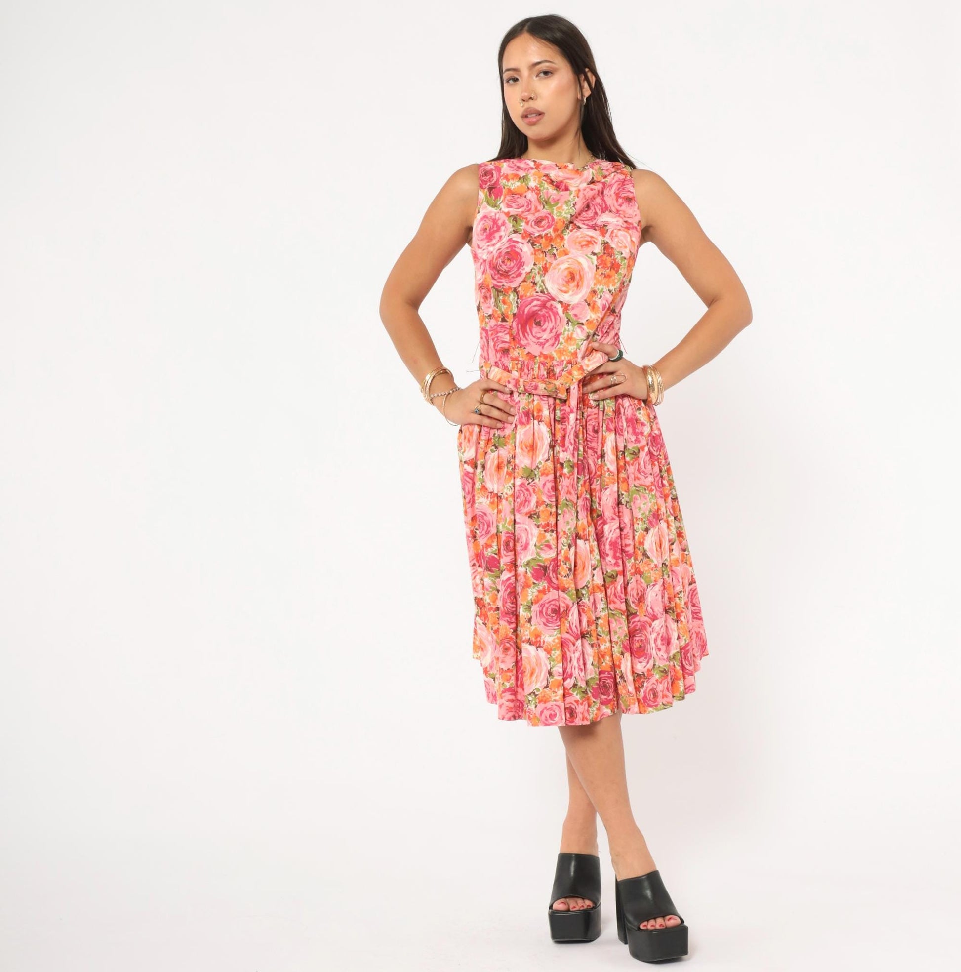60s Kleinerts Rose Print Dress Pink Coral Floral Sleeveless Cotton Small