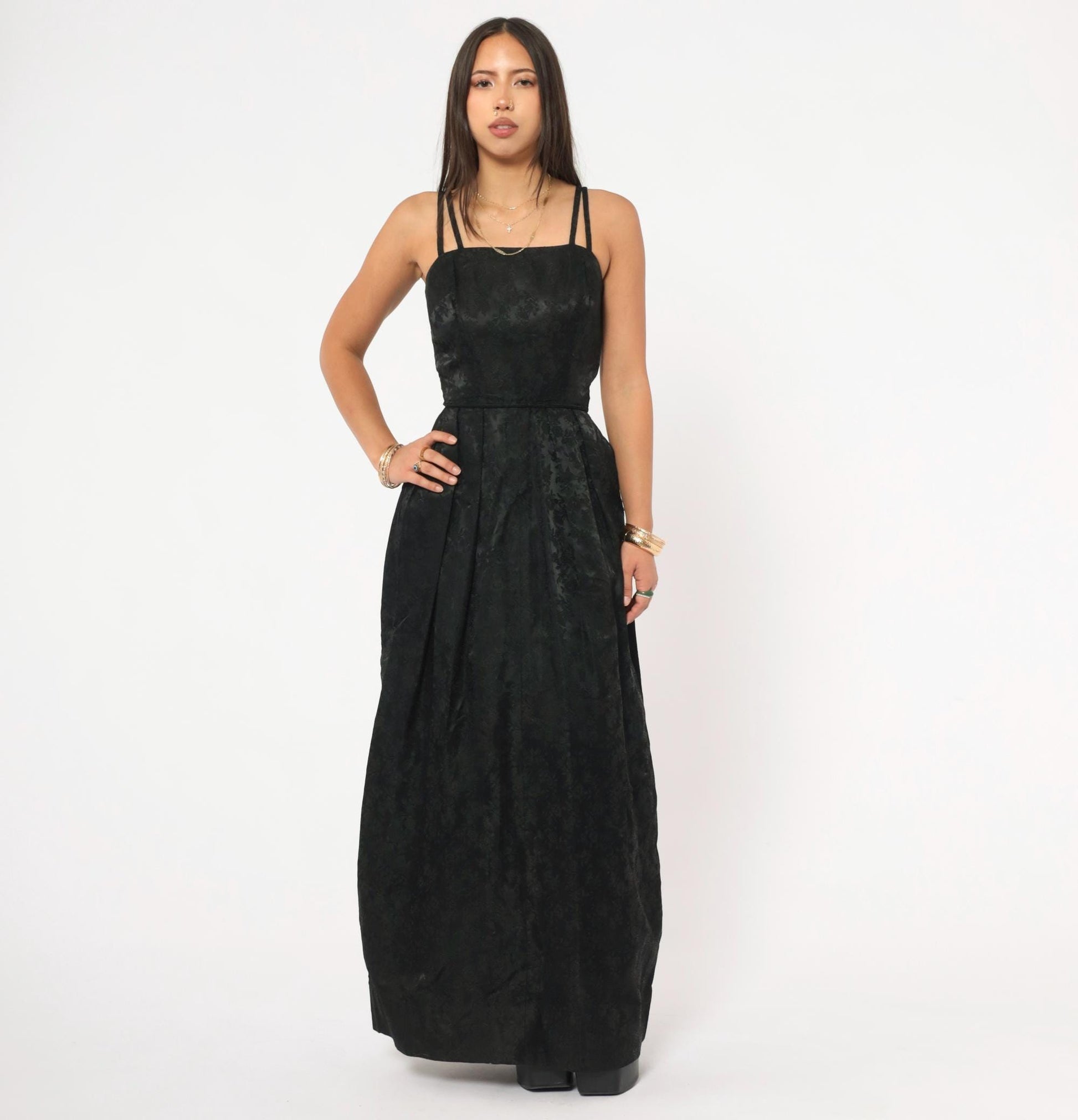90s Black Jacquard Maxi Gown Double Strap Floral Brocade Floor Length Extra Small XS