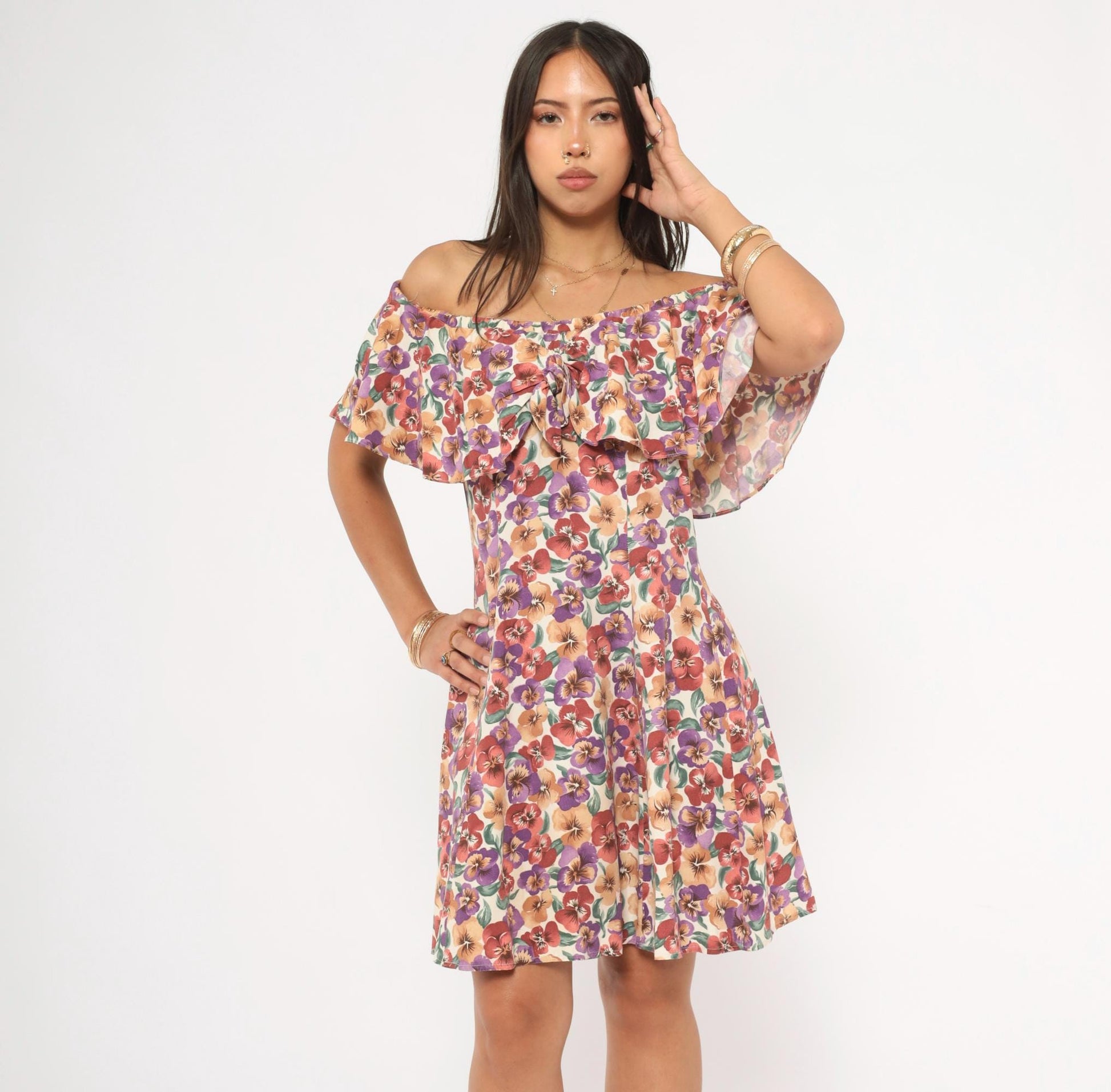 90s Rampage Pansy Floral Off-Shoulder Mini Dress Cream Small