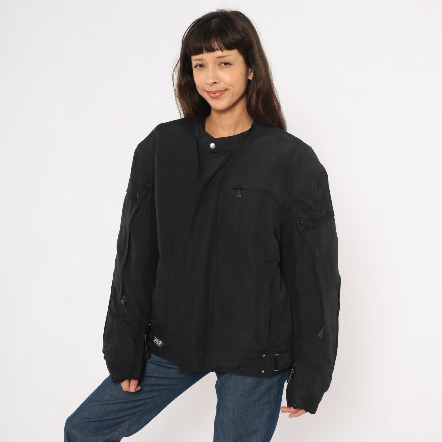 2000s Power Trip Black Motorcycle Jacket Mesh Panel Snap Collar Mens Extra Large XL