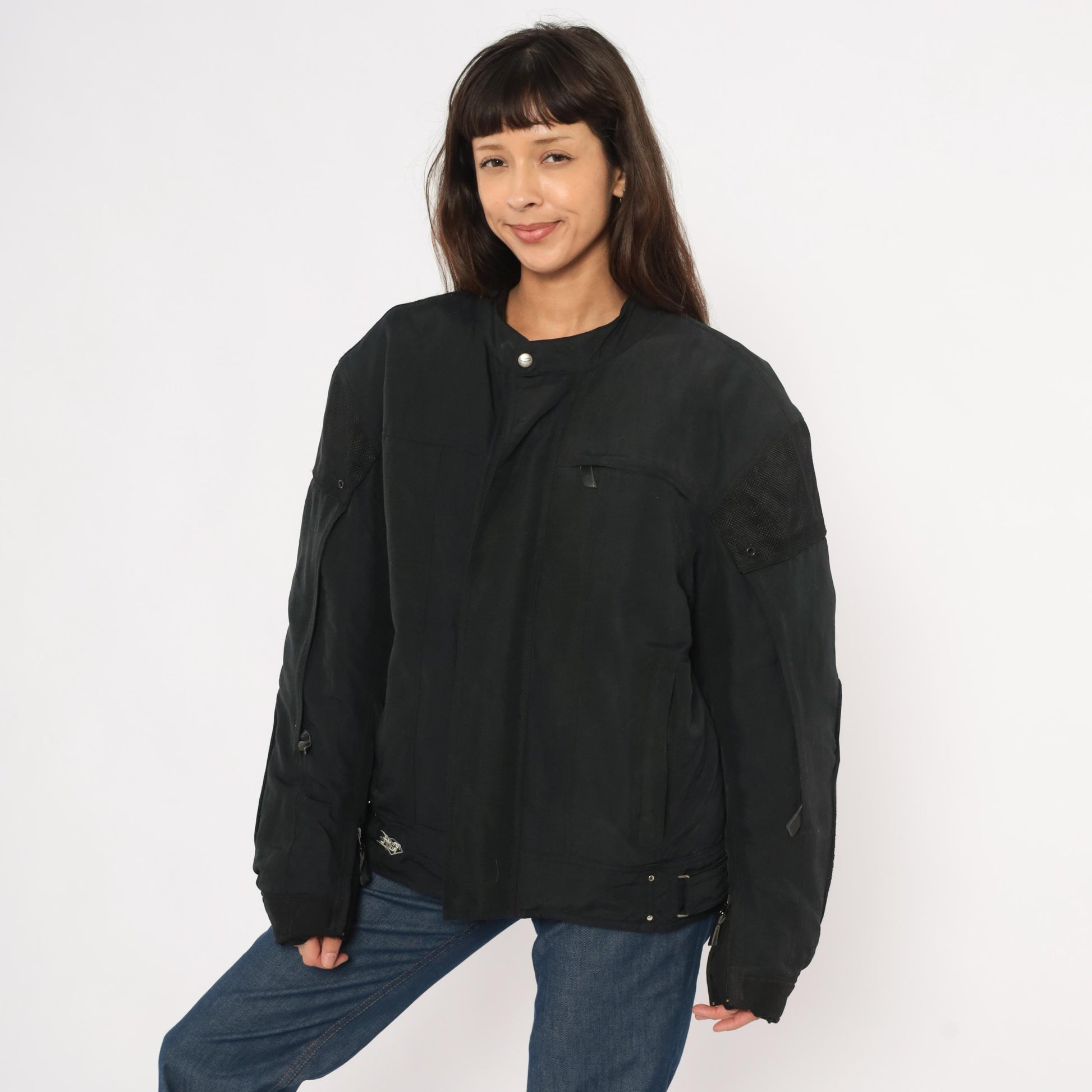2000s Power Trip Black Motorcycle Jacket Mesh Panel Snap Collar Mens Extra Large XL