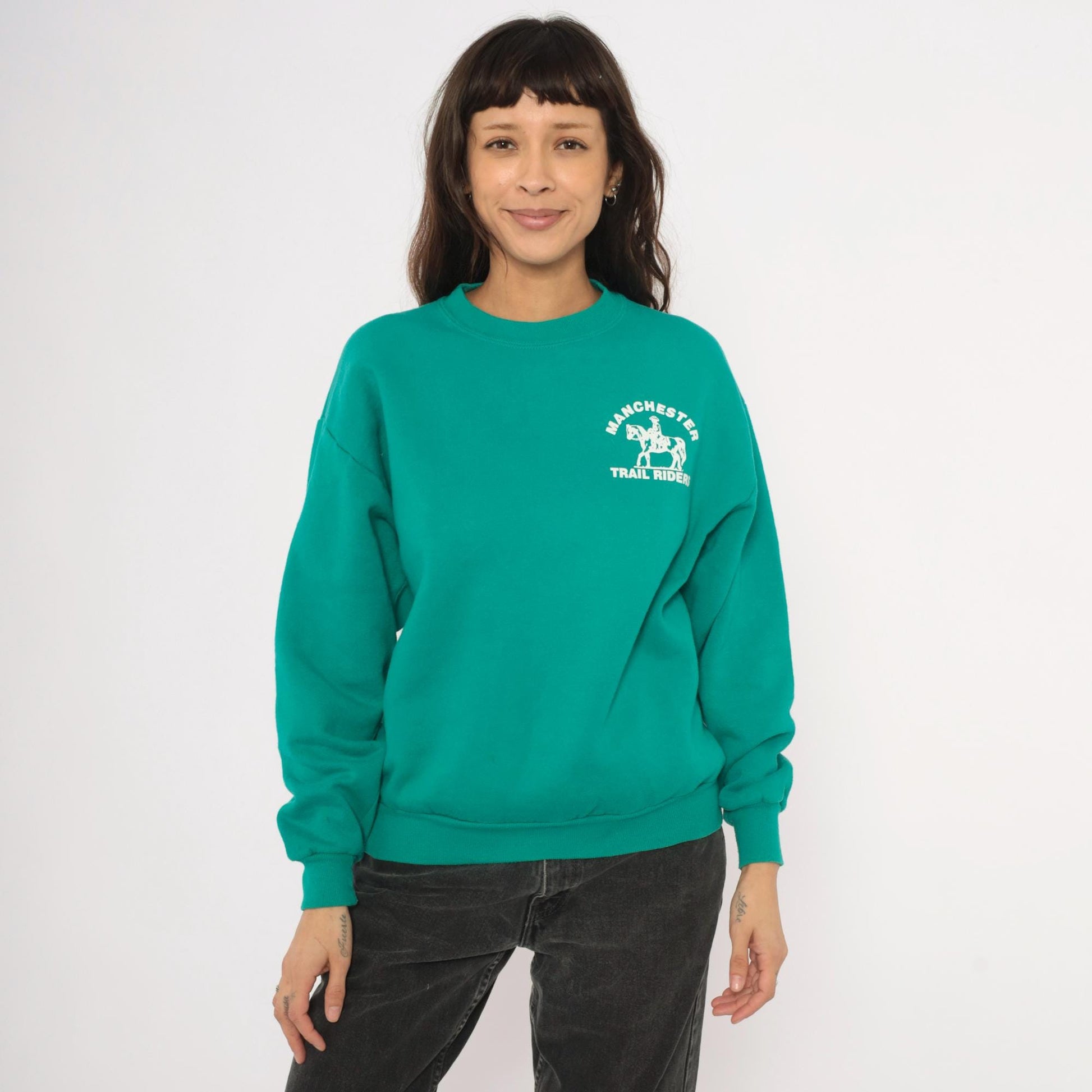90s Jerzees Manchester Trail Riders Equestrian Sweatshirt Teal Cotton Medium M