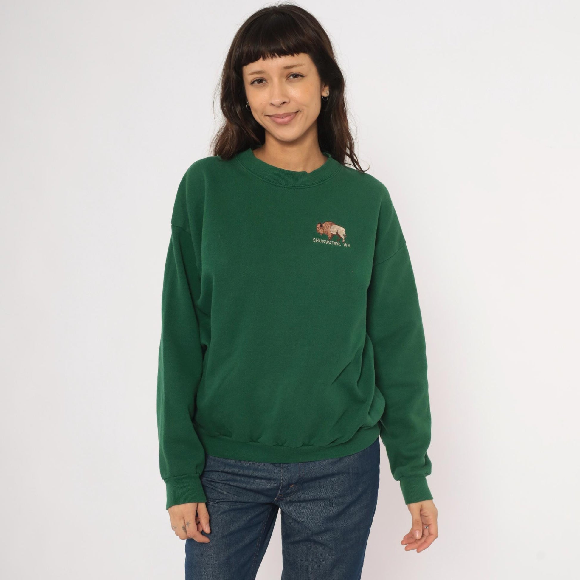 90s Lee Bison Embroidered Sweatshirt Forest Green Chugwater Wyoming Large