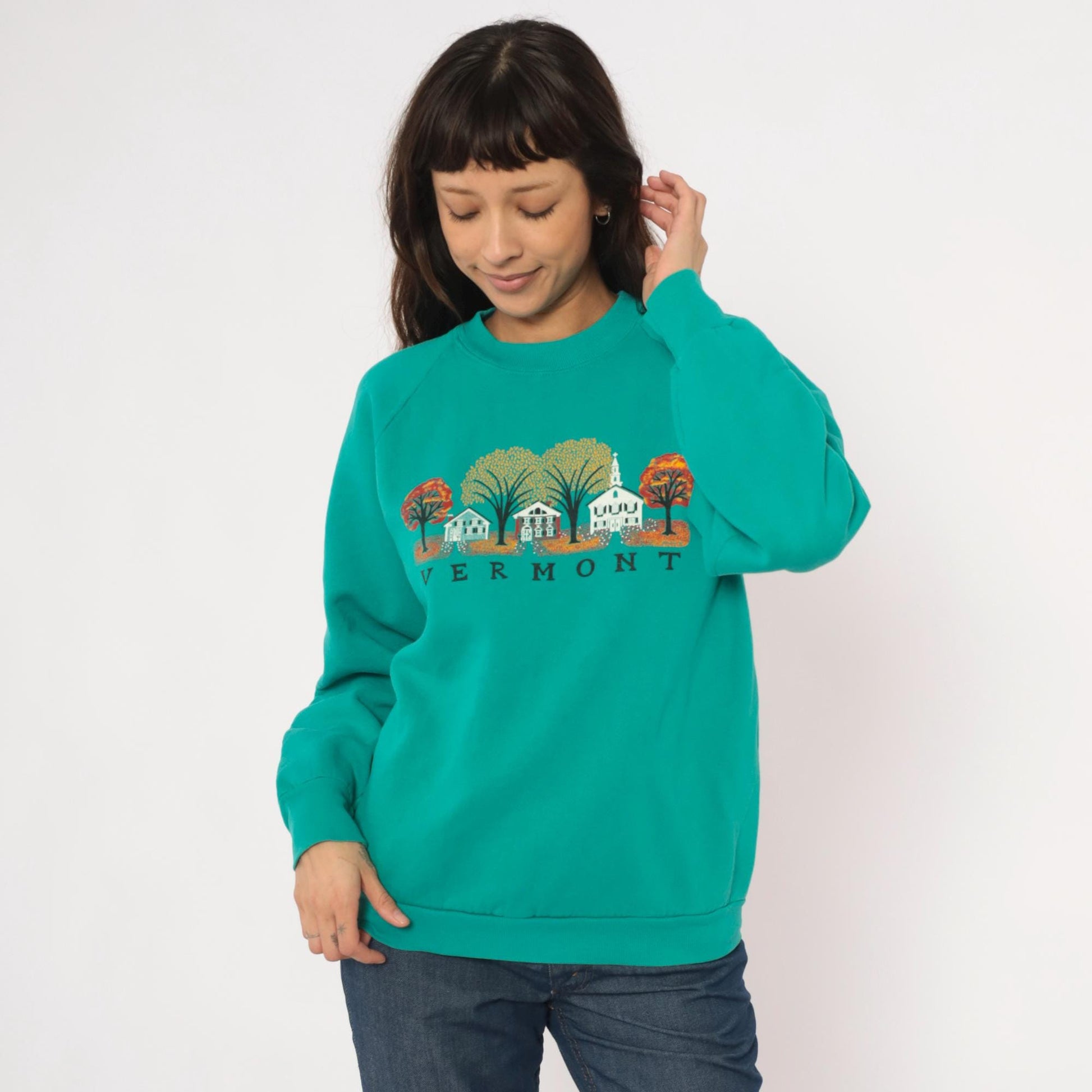 90s Vermont Autumn Village Teal Crewneck Sweatshirt Cotton Graphic Large L