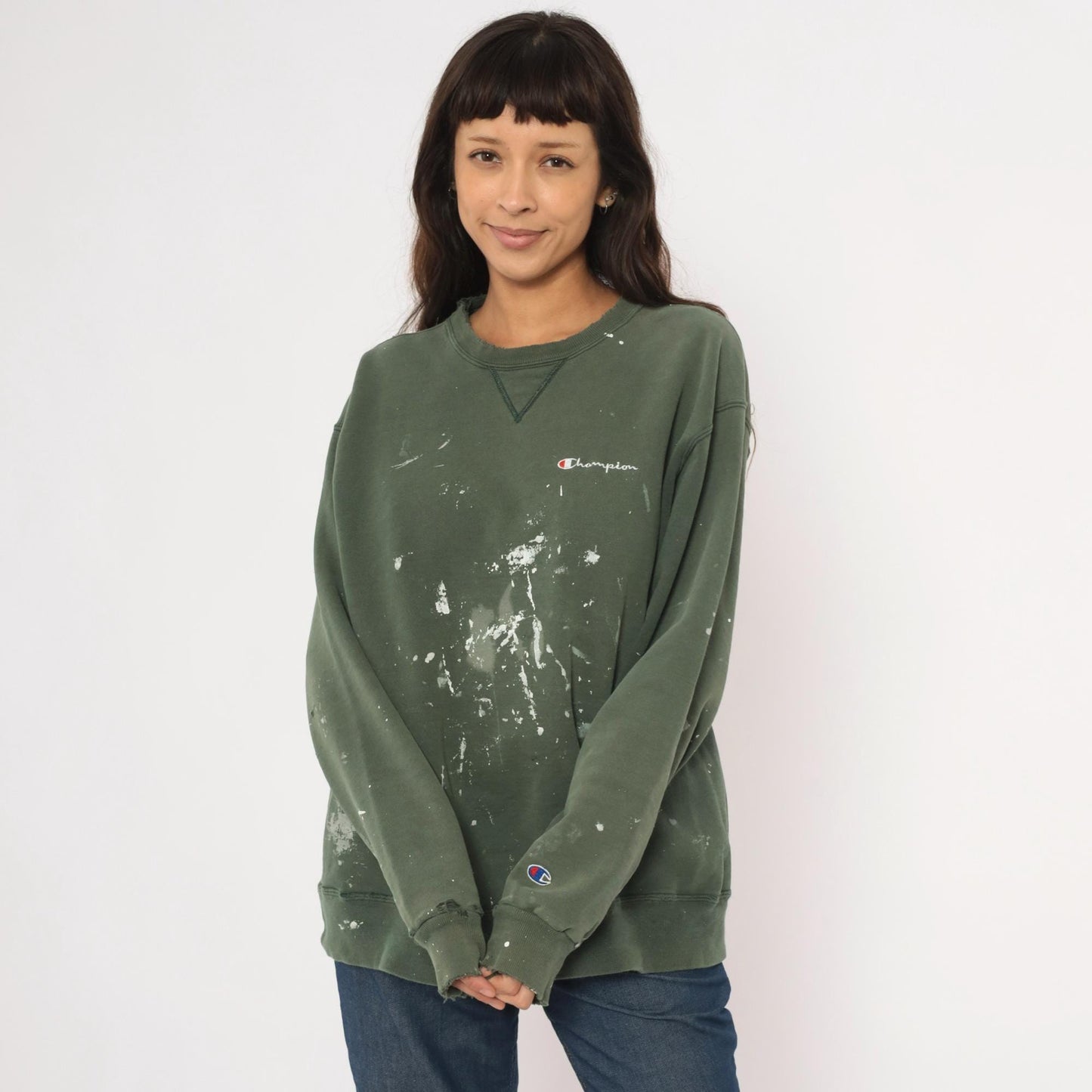 Champion Olive Green Crewneck Sweatshirt Paint Splatter 2000s Extra Large XL