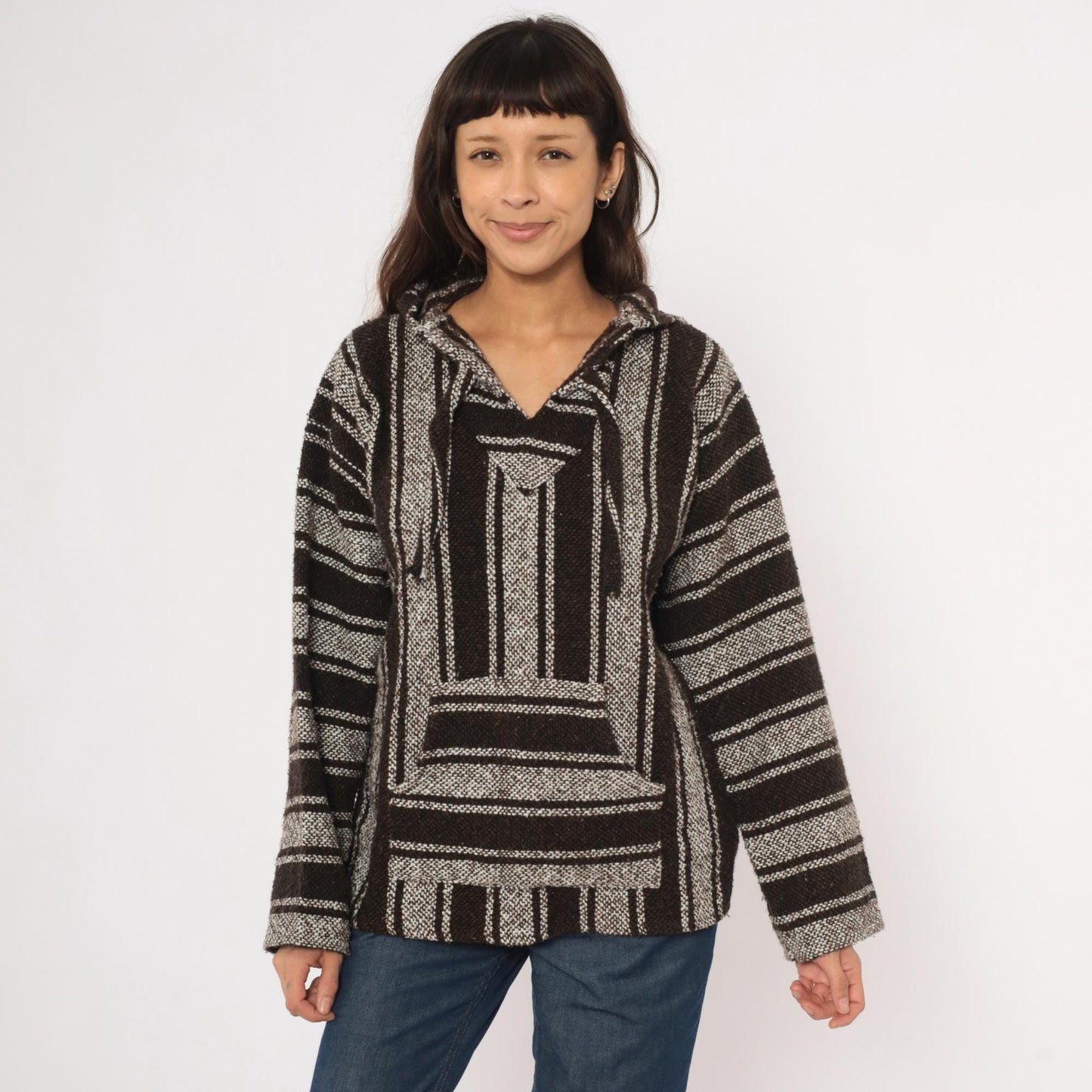 90s Sandy Baja Hoodie Brown White Striped Woven Pullover Medium