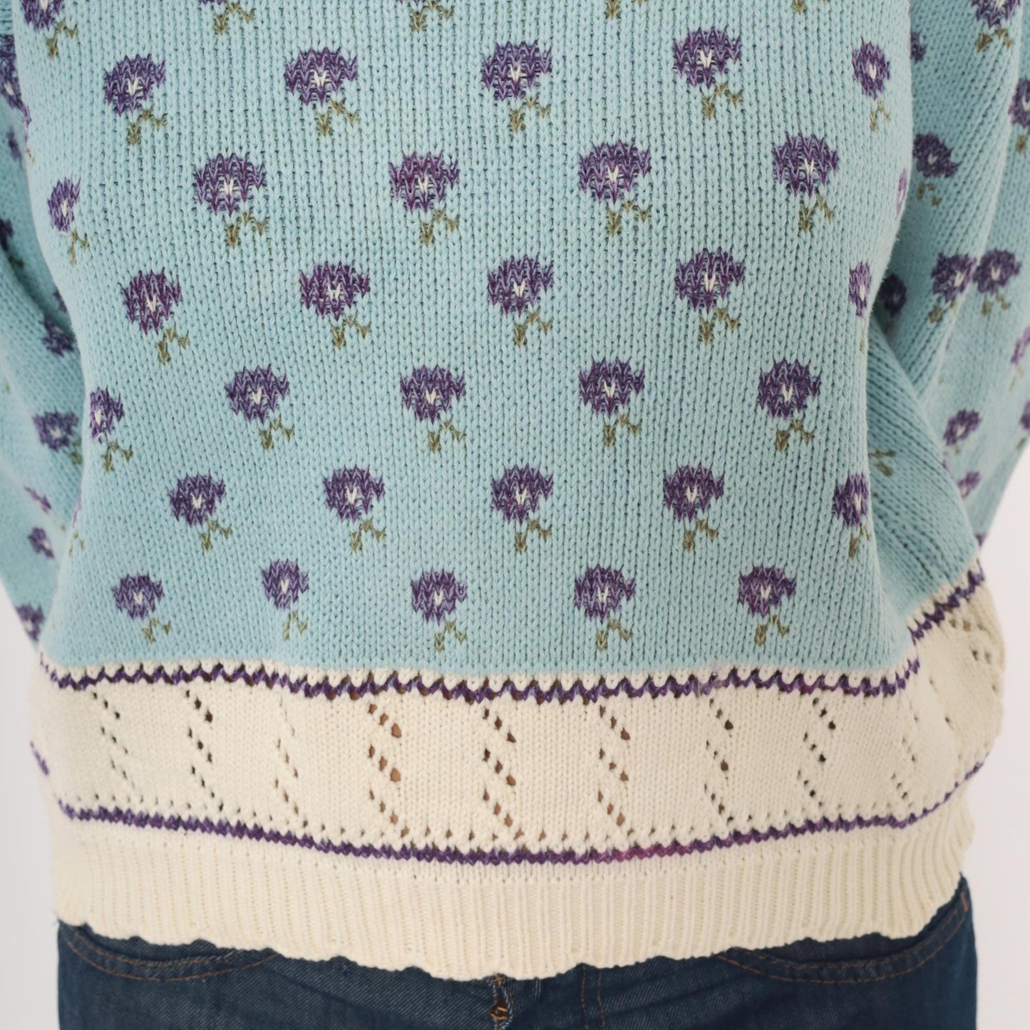 80s Light Blue Floral Knit Sweater Puff Sleeve Pointelle Trim Cotton Medium