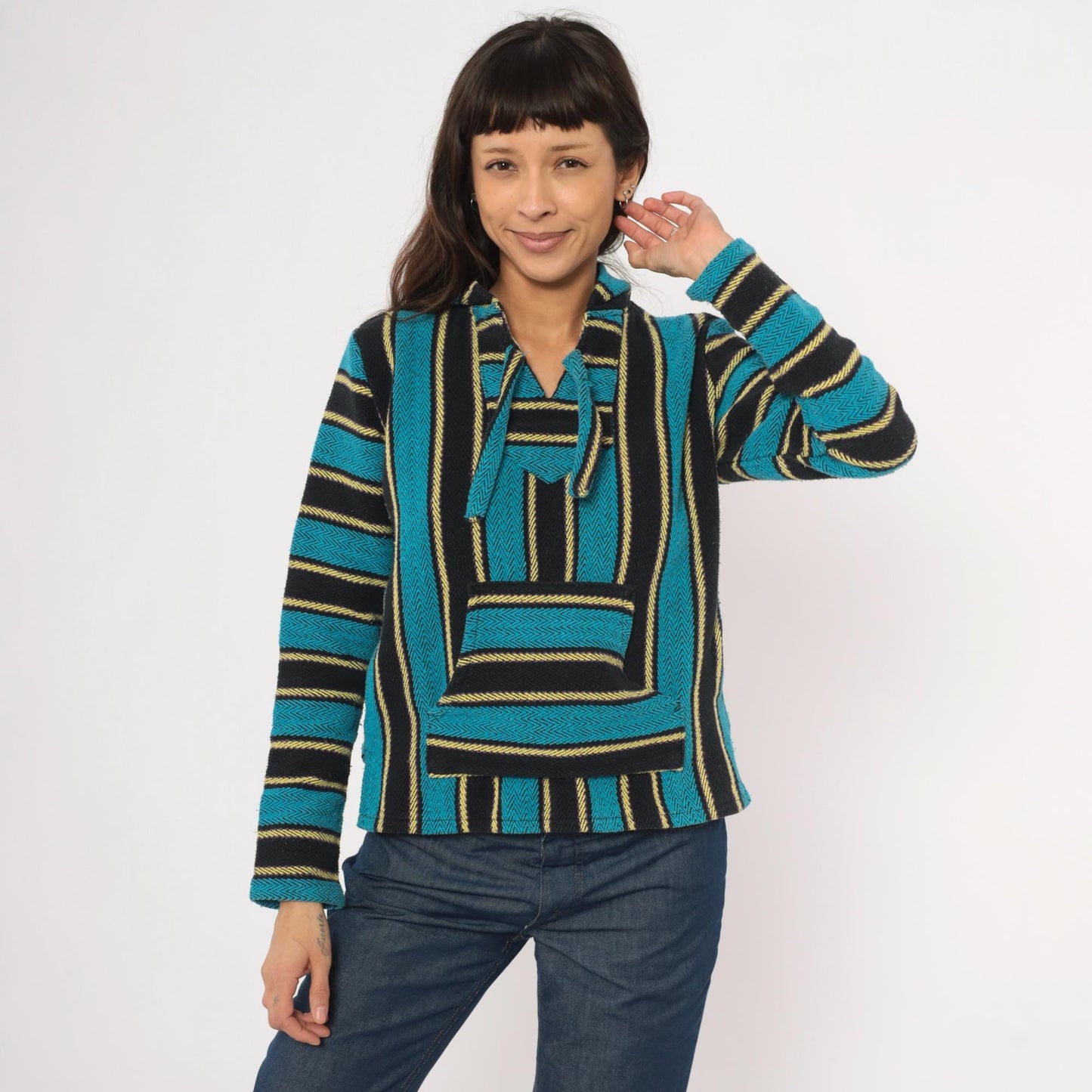 2000s Señor Lopez Baja Hoodie Teal Black Gold Striped Pullover Extra Small XS