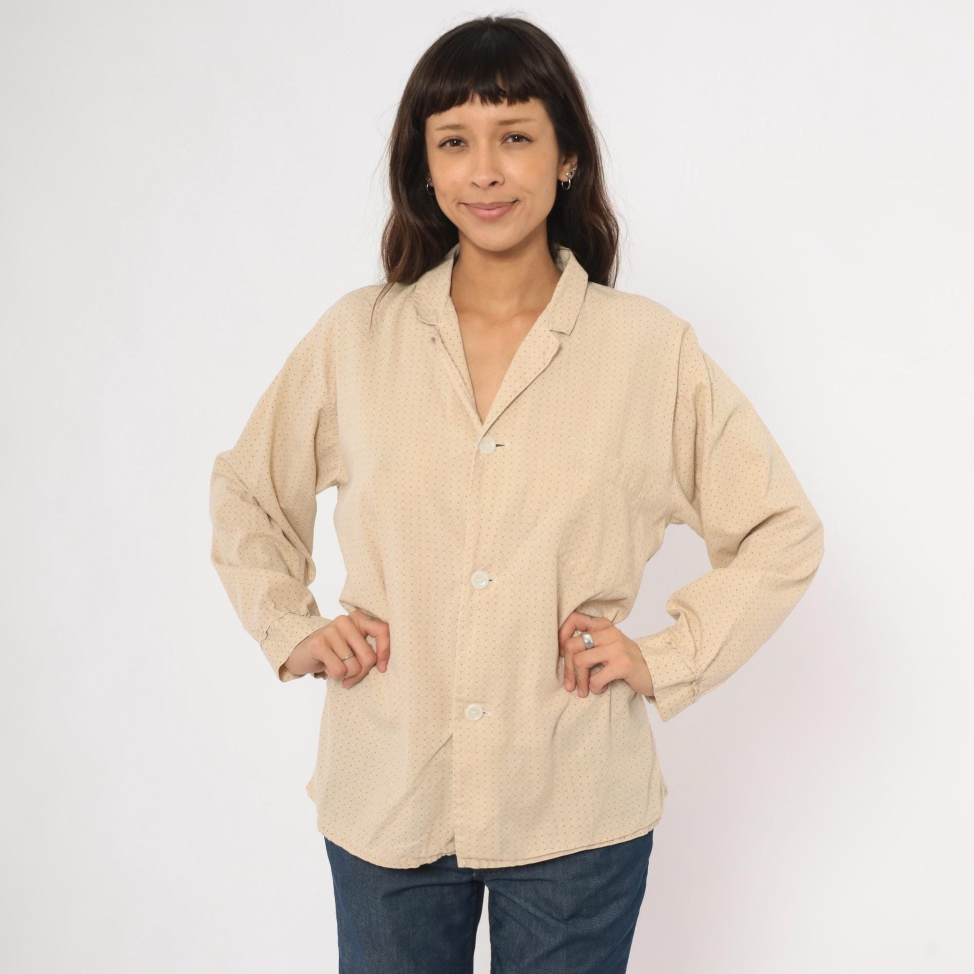 80s Faultless Basketweave Camp Collar Shirt Tan Cotton Blend Large L