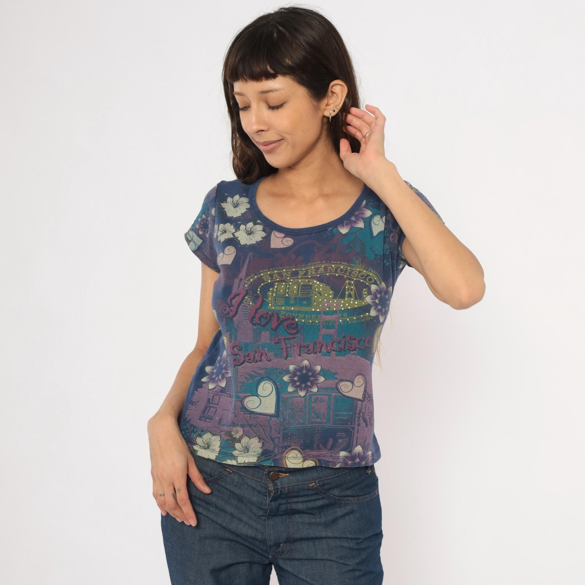 Y2K San Francisco Graphic Tee Vintage Suzie Floral Heart Studded Navy Purple Petite Medium