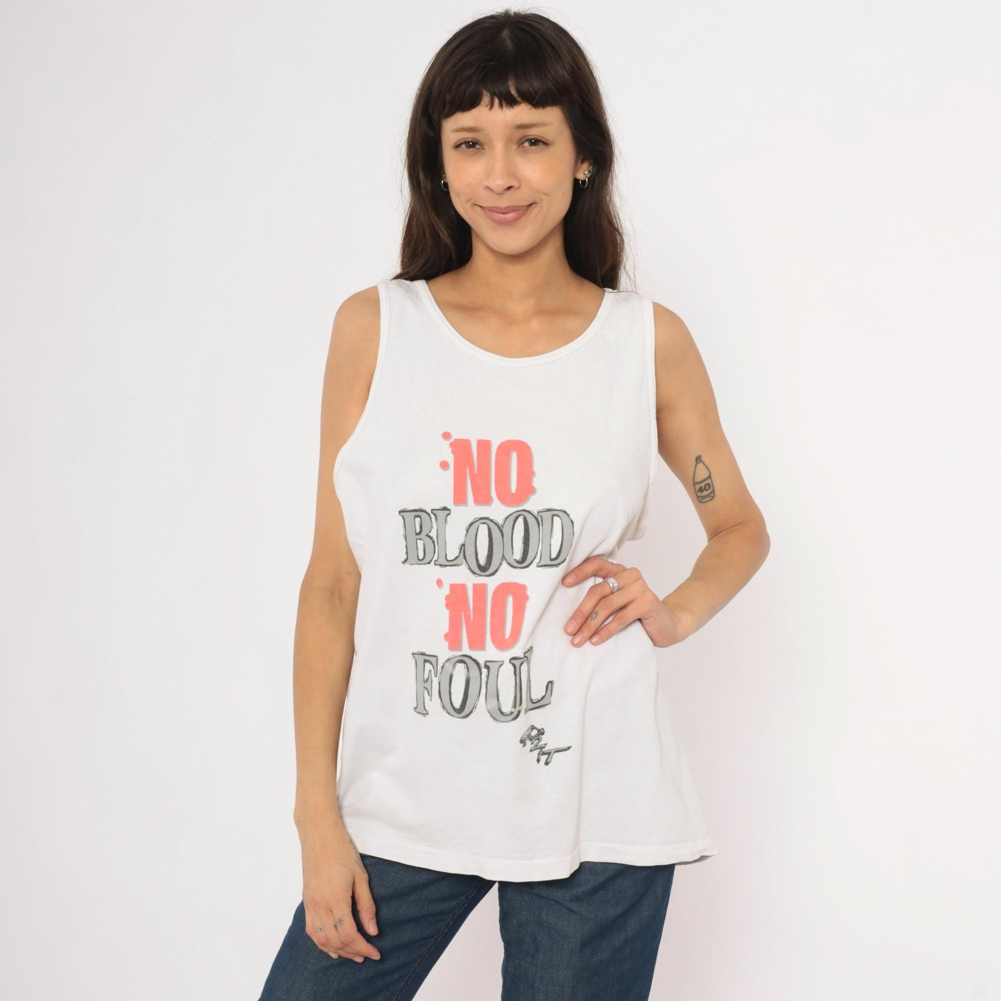 90s TNT No Blood No Foul Basketball Graphic Tank Top White Cotton Large L
