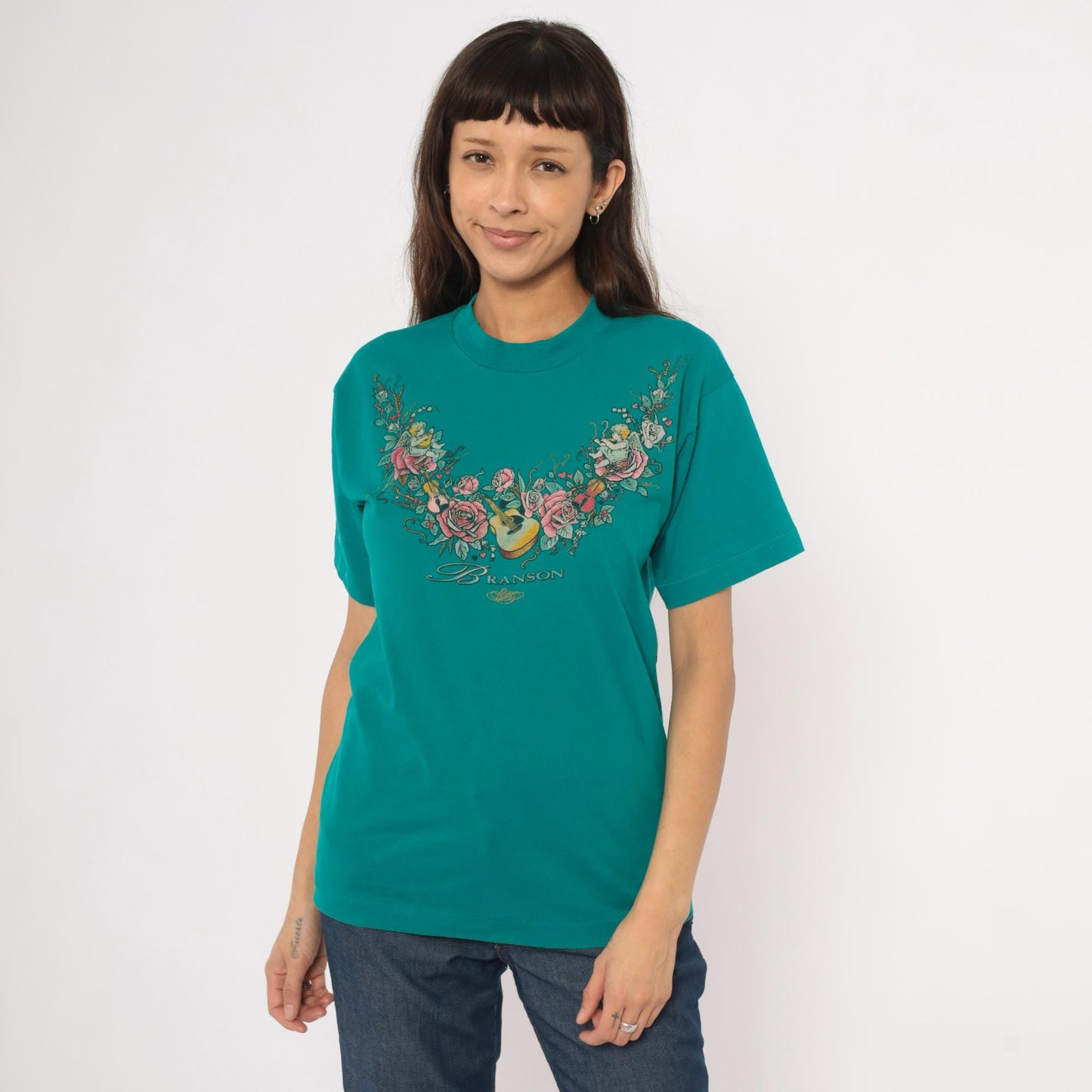 90s Branson Cherub Angel Roses Guitar Teal Cotton Graphic Tee Small