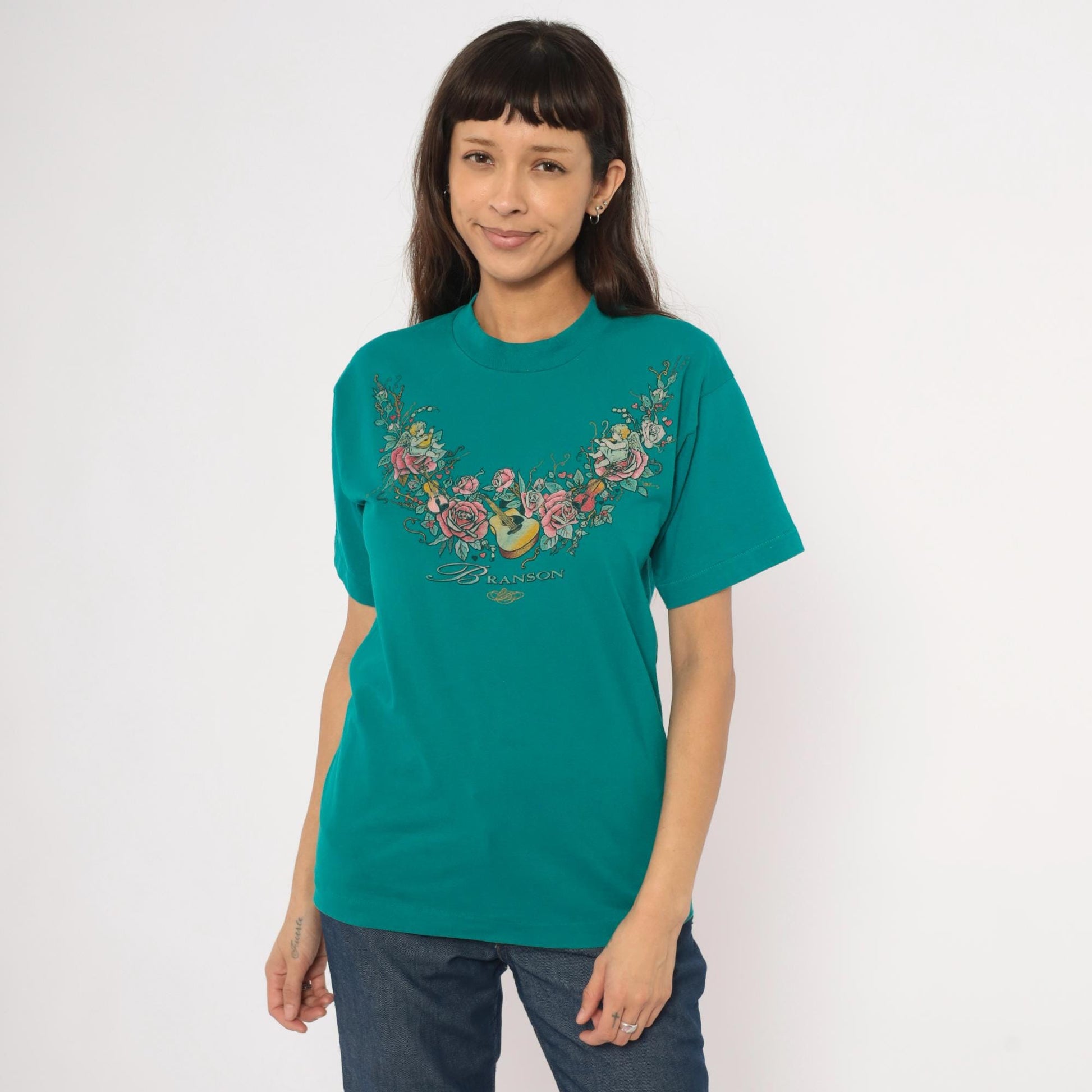 90s Branson Cherub Angel Roses Guitar Teal Cotton Graphic Tee Small