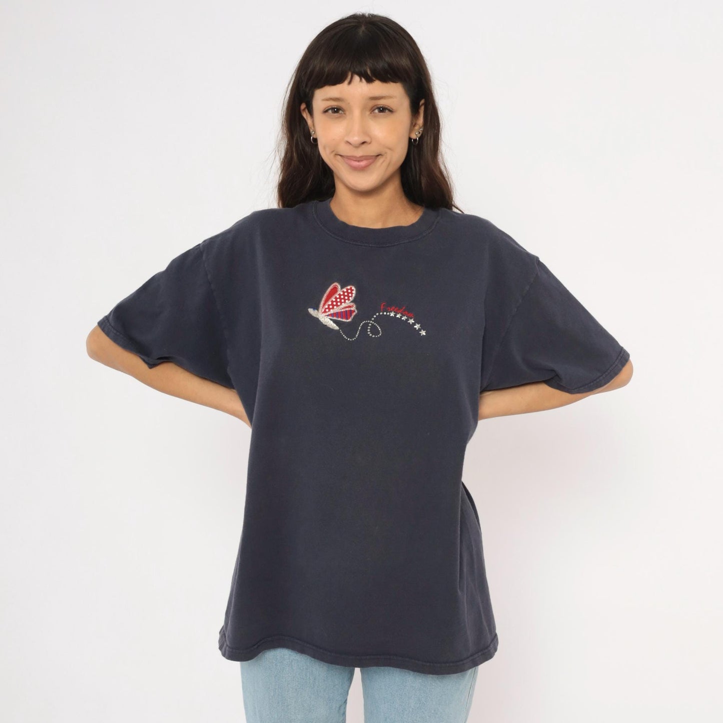 90s Mc Squared Energy Butterfly Embroidered Tee Navy Cotton Americana Stars Extra Large XXL