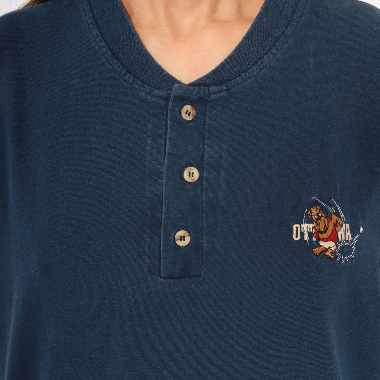 90s Powersport by Oneita Navy Henley Embroidered Bulldog Golf Graphic Large L