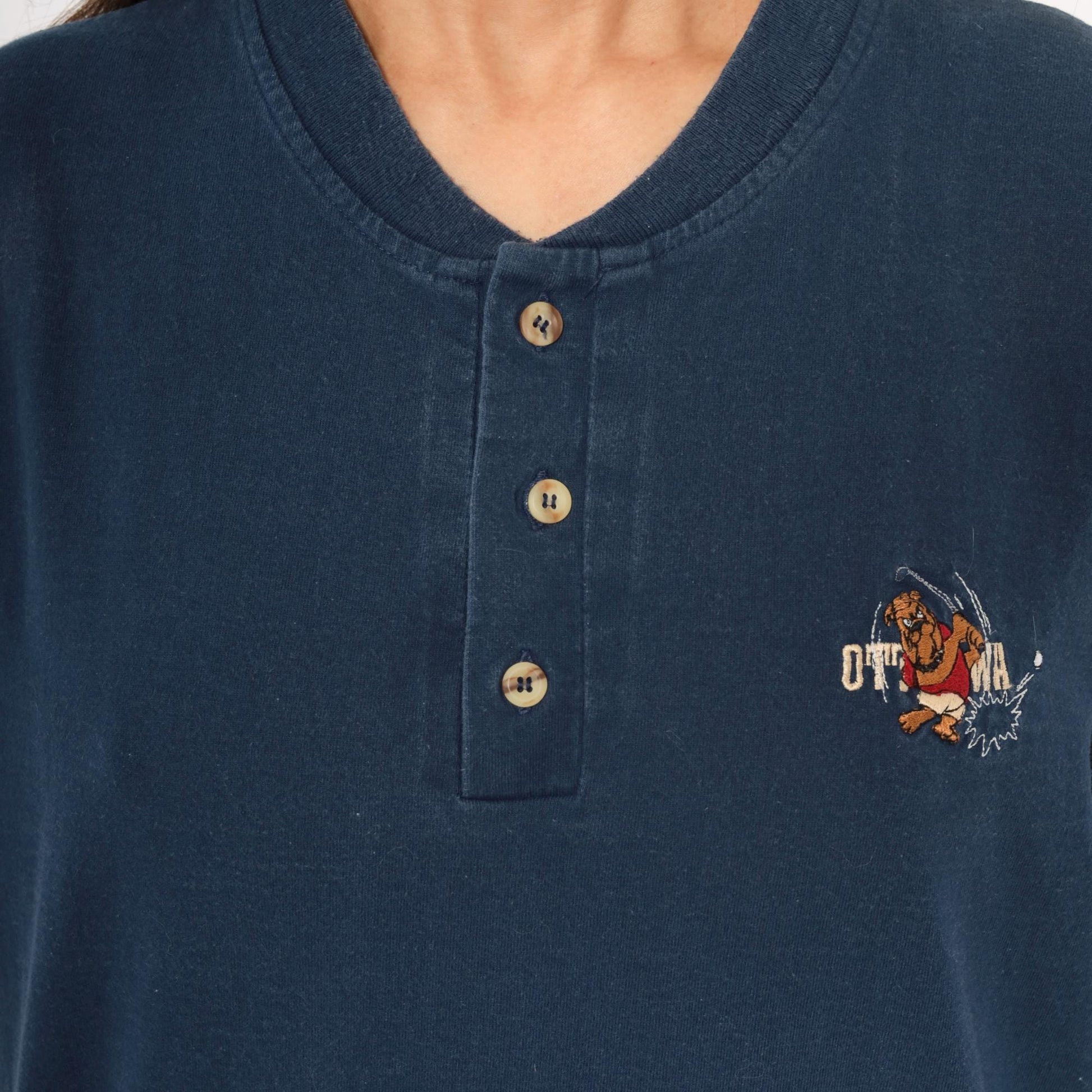 90s Powersport by Oneita Navy Henley Embroidered Bulldog Golf Graphic Large L