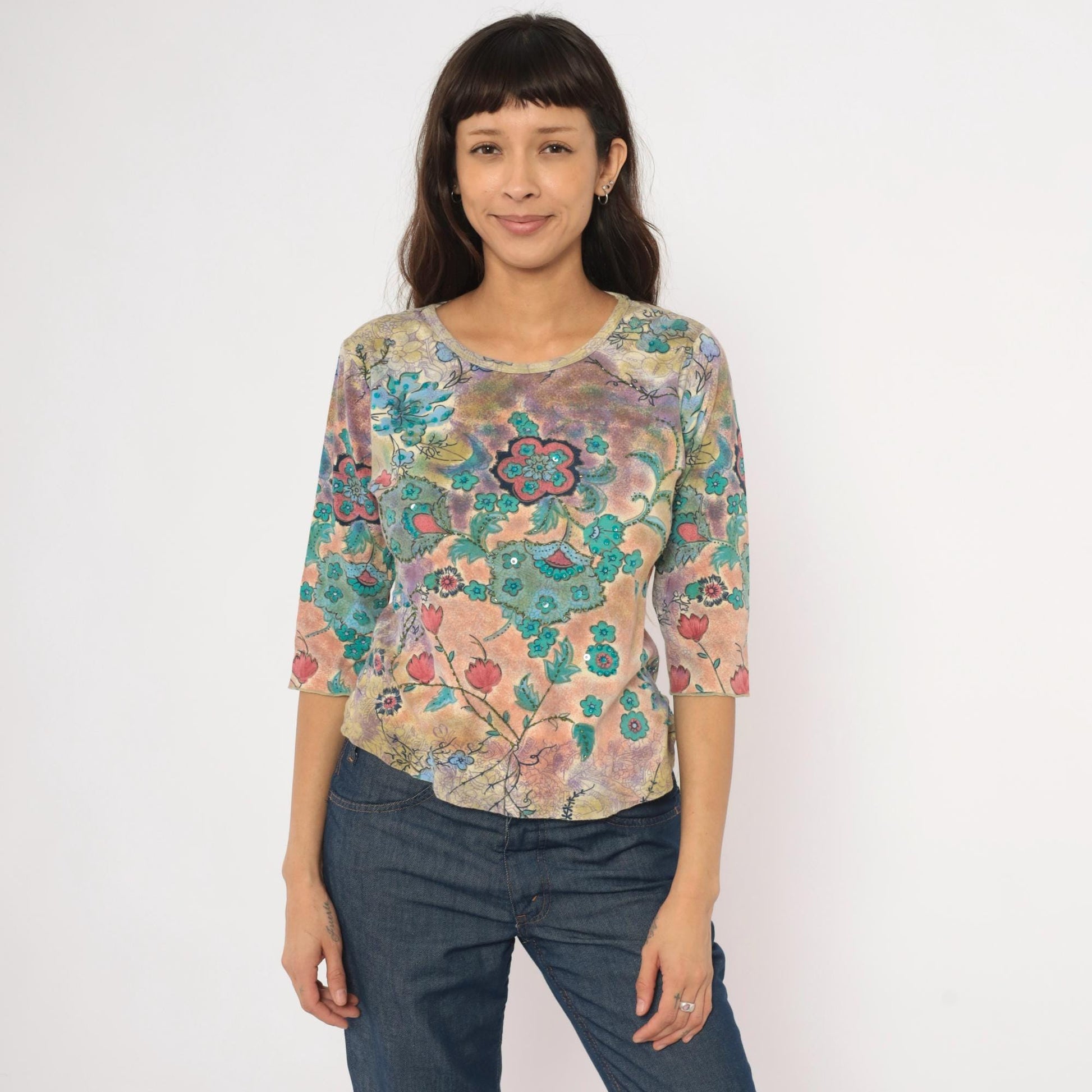 Y2K Watercolor Floral Sequin Top Three Quarter Sleeve Teal Rose Lavender Small S