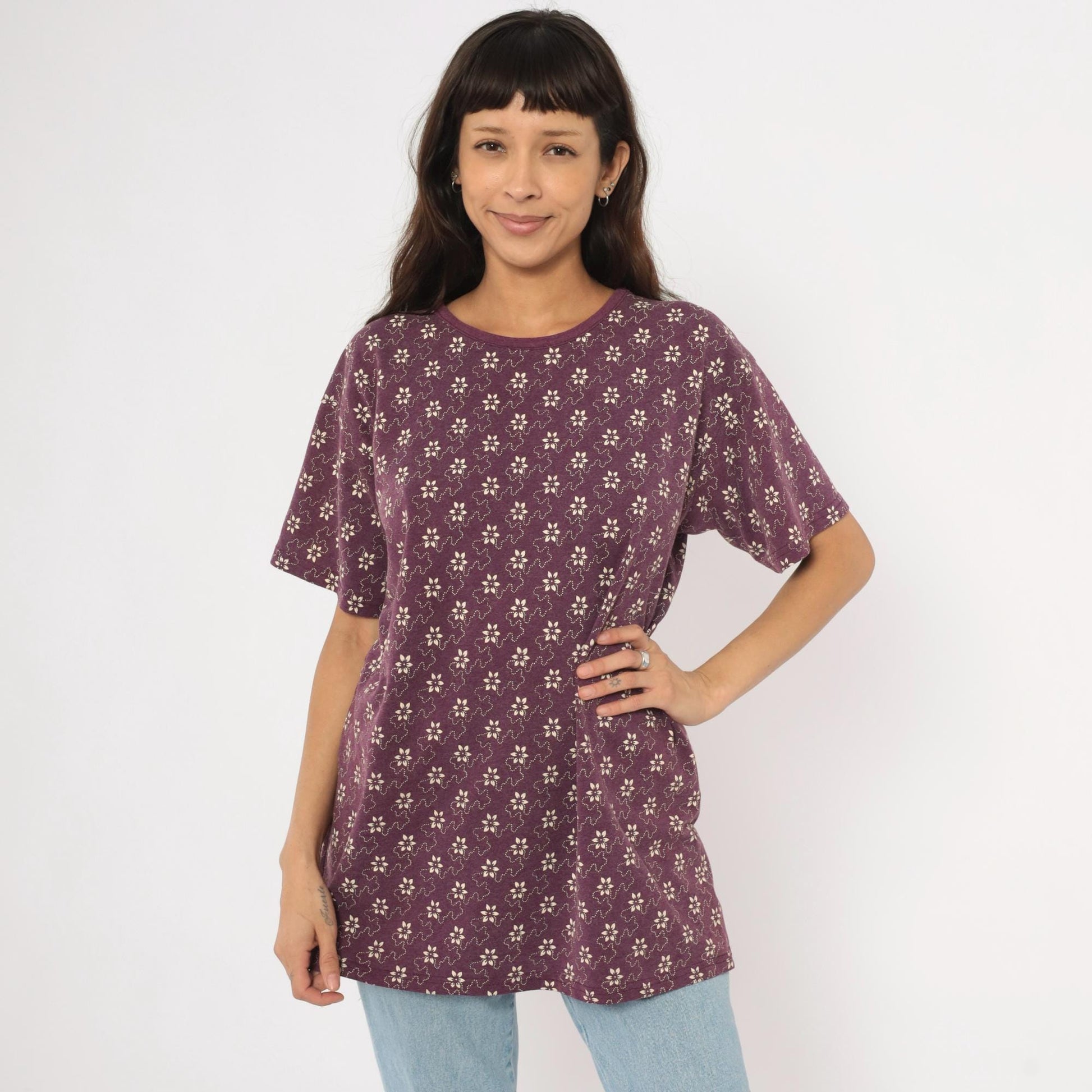 90s Kavio Designs Floral Tee Plum Ditsy Print Cotton Tunic Large L