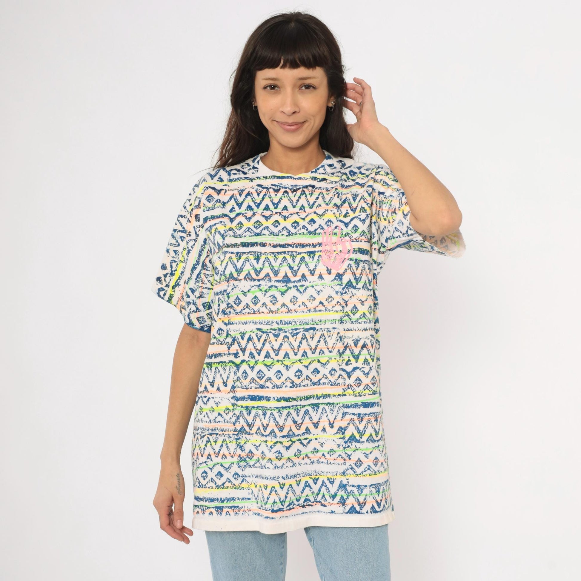 90s Sasson Tribal Print T-Shirt Neon Geometric White Navy Cotton Extra Large XL