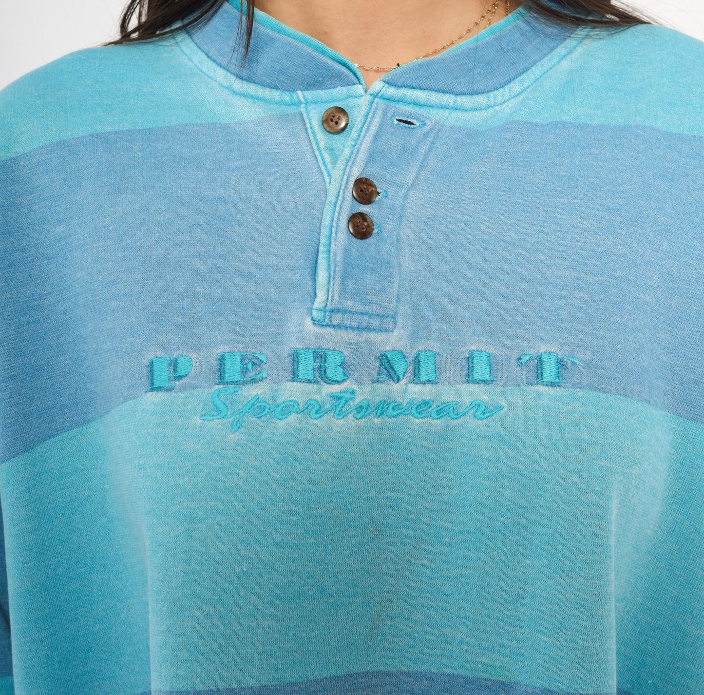 90s Permit Sportswirt Striped Henley Sweatshirt Blue Teal Colorblock Large L