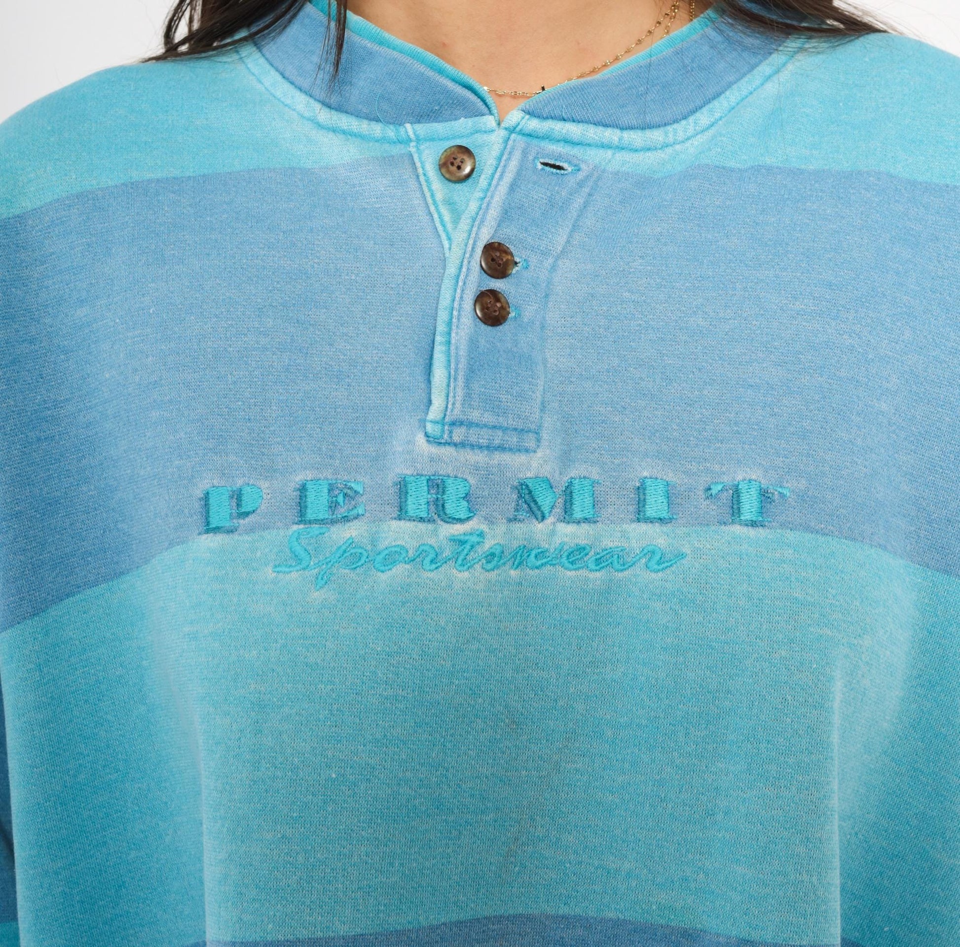 90s Permit Sportswirt Striped Henley Sweatshirt Blue Teal Colorblock Large L