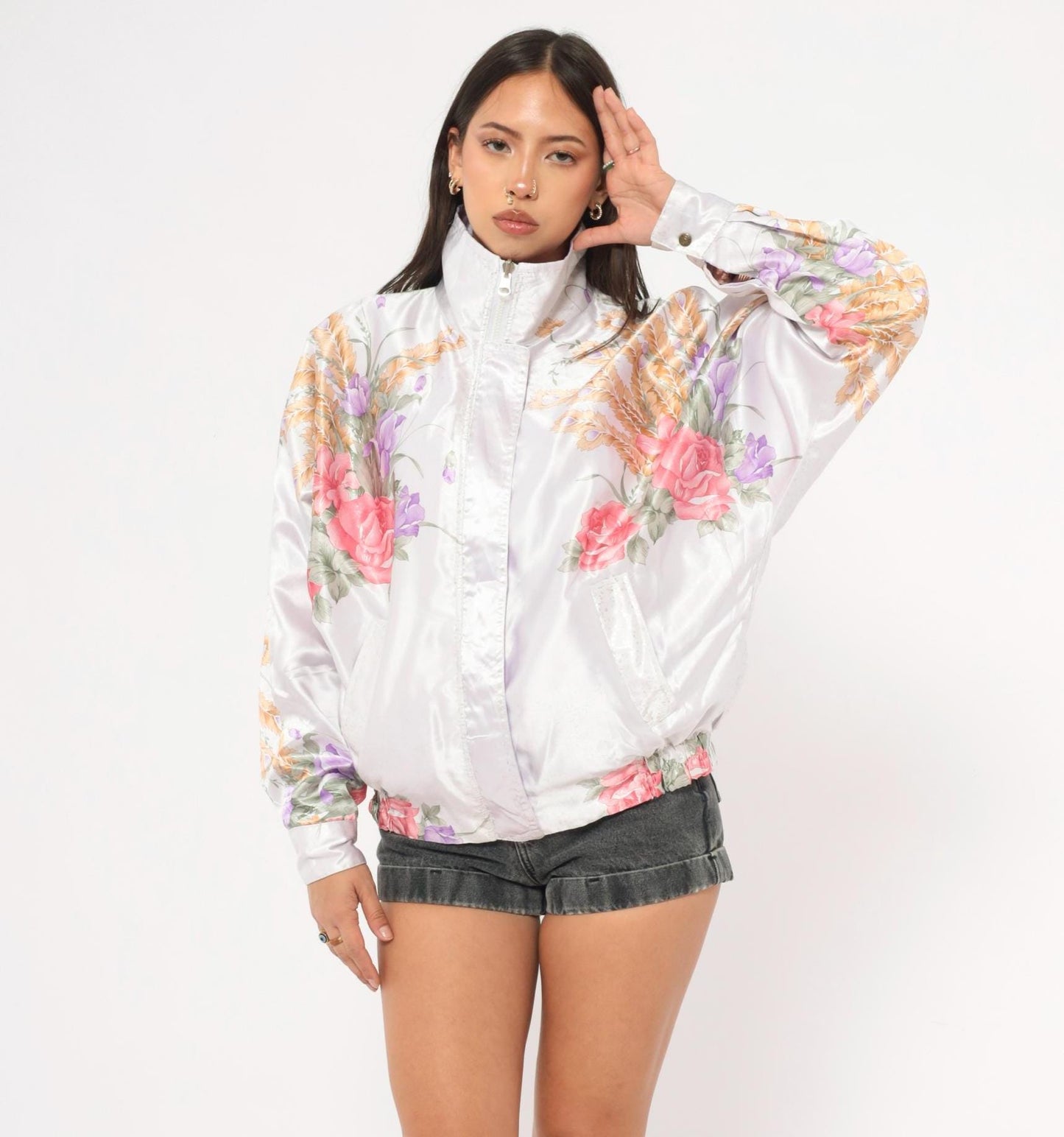 90s White Satin Floral Bomber Jacket Pink Purple Gold Roses Irises Medium M