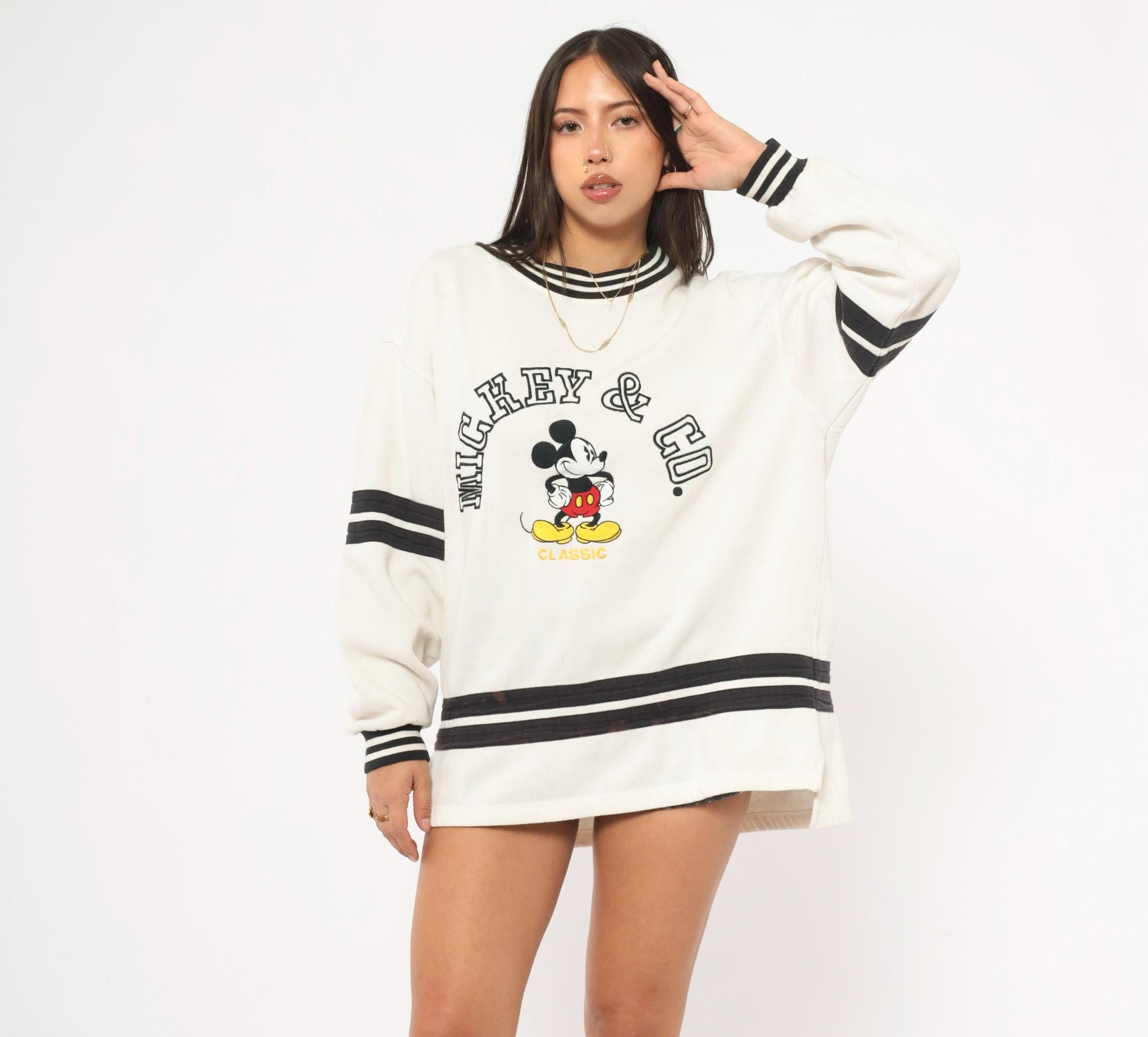 90s Mickey & Co Embroidered Crewneck Sweatshirt White Black Stripe Large