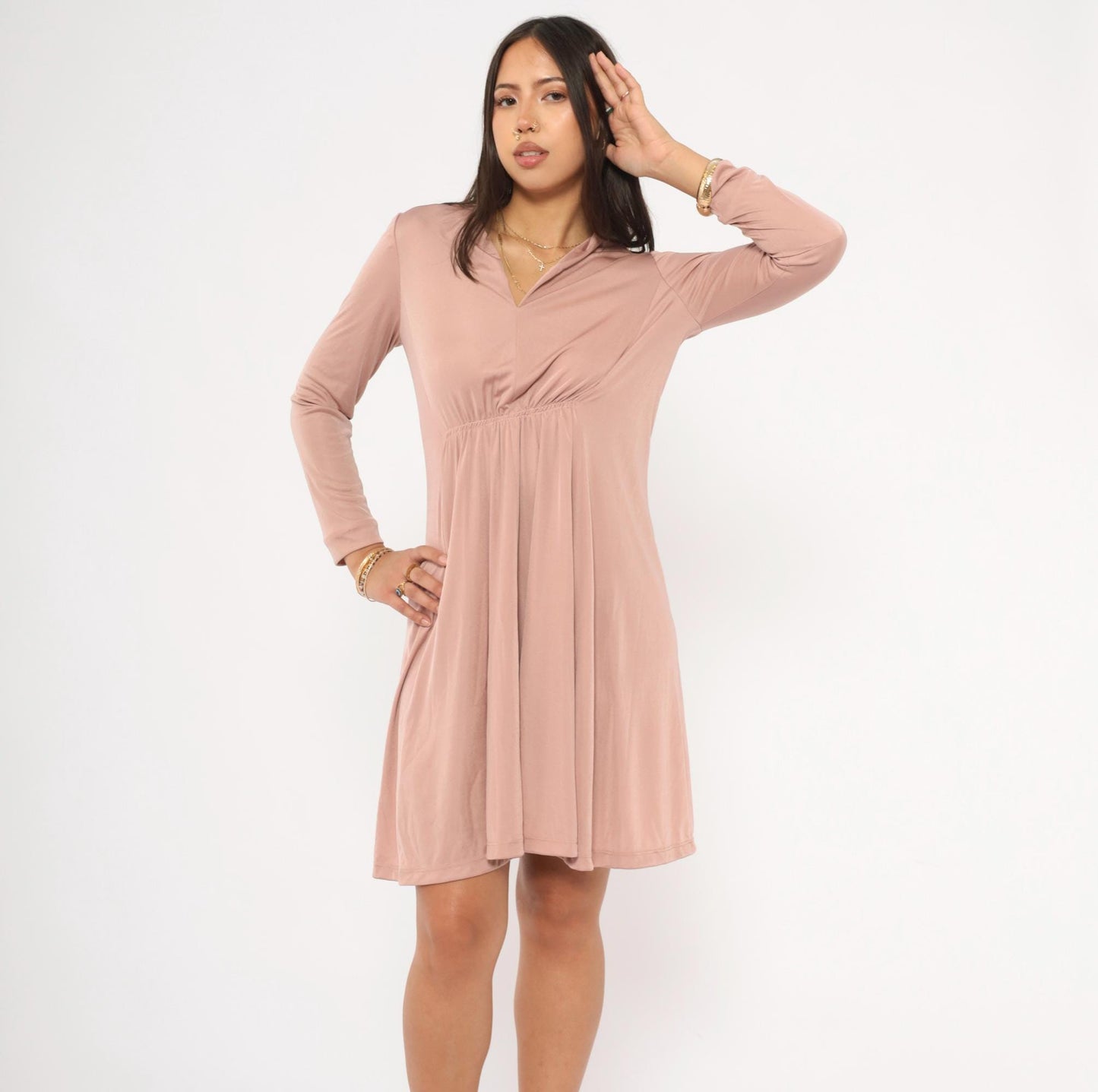 70s Mauve Mini Dress Long Sleeve V-Neck Gathered Waist A-Line Small S