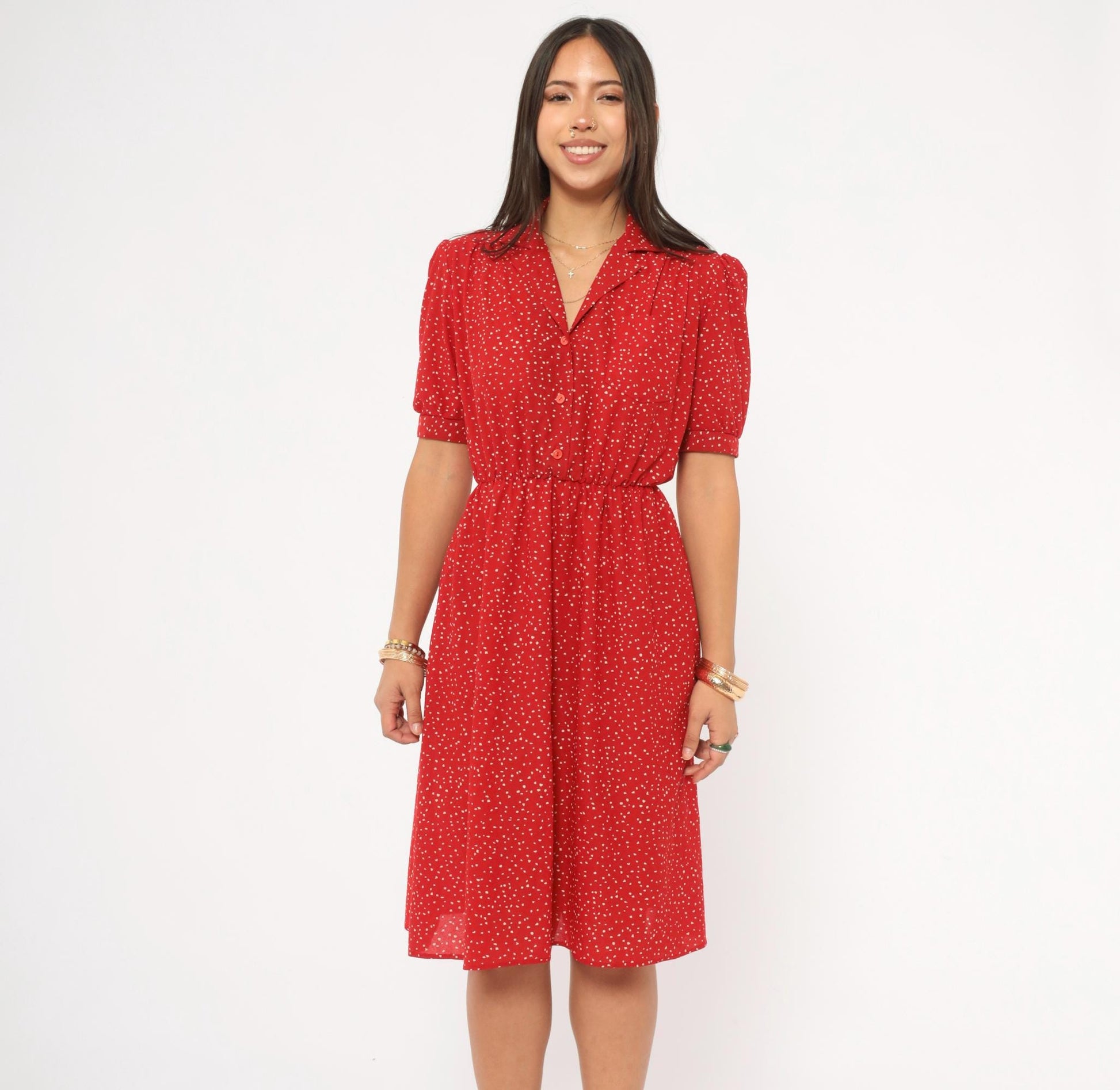 80s Red Speckled Dot Shirtdress White Print Puff Sleeve Knee Length Small
