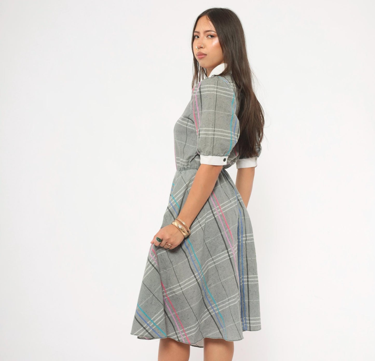 80s Grey Plaid Shirtdress Puff Sleeve White Collar A-Line Small