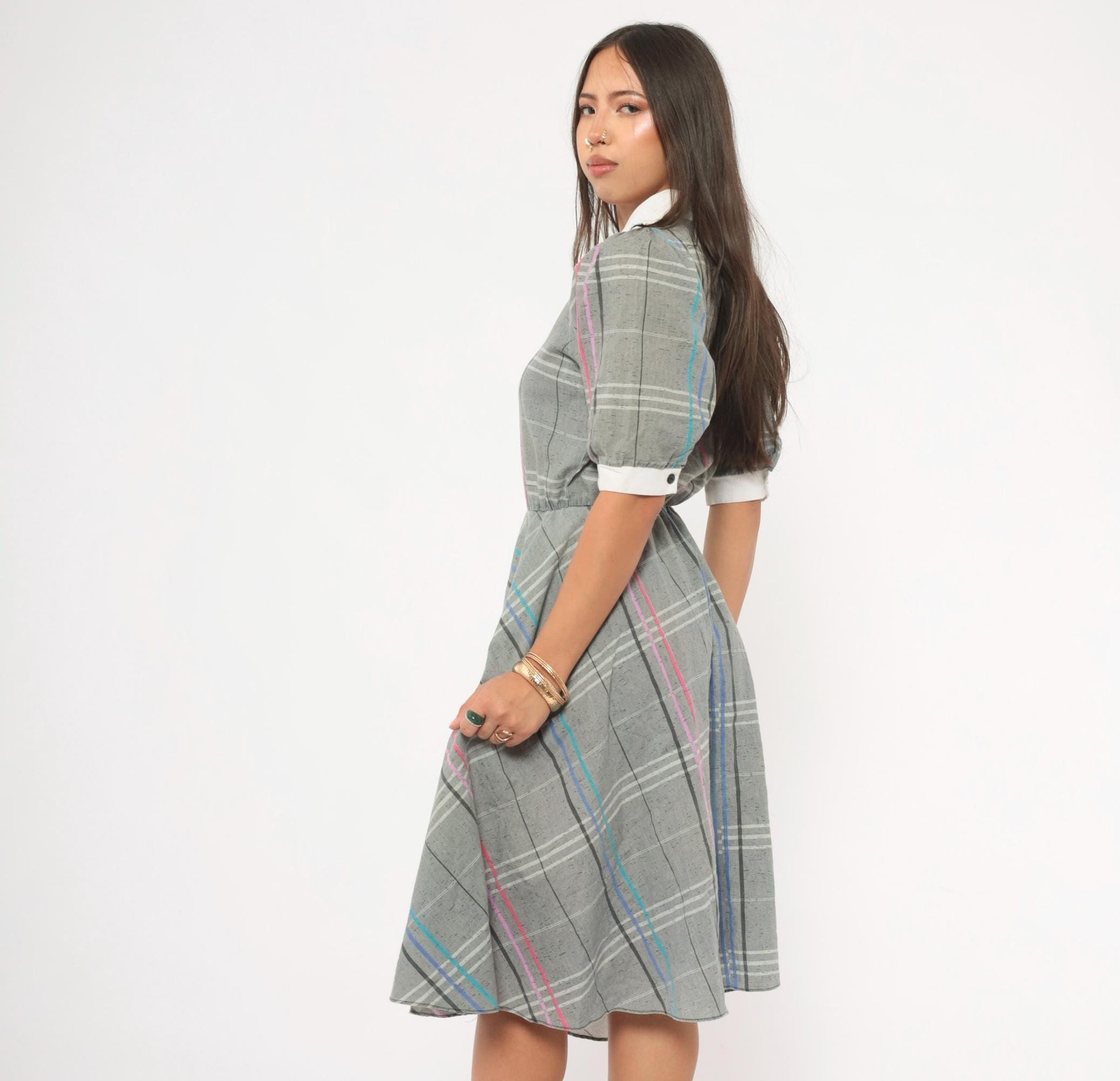 80s Grey Plaid Shirtdress Puff Sleeve White Collar A-Line Small