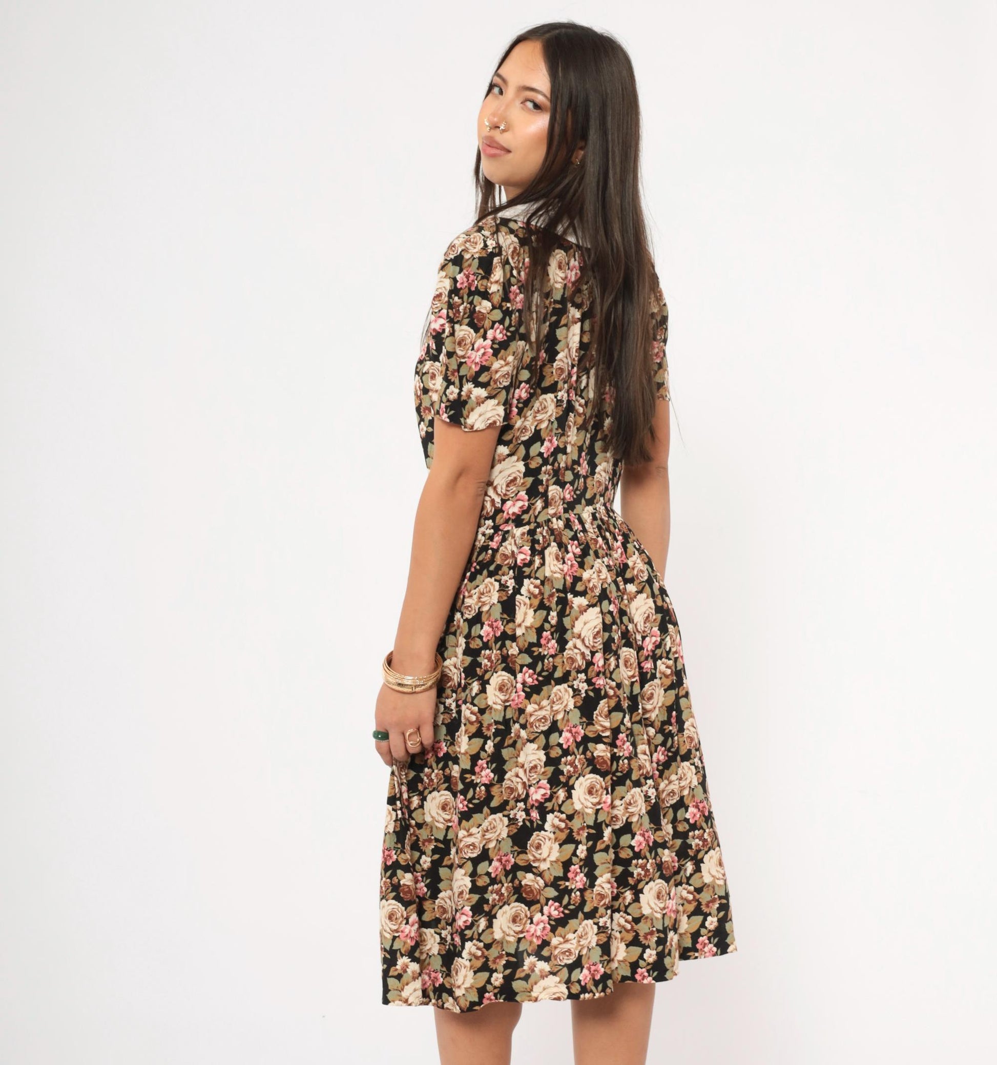 90s Black Floral Peter Pan Collar Dress Button Front Knee Length Medium M