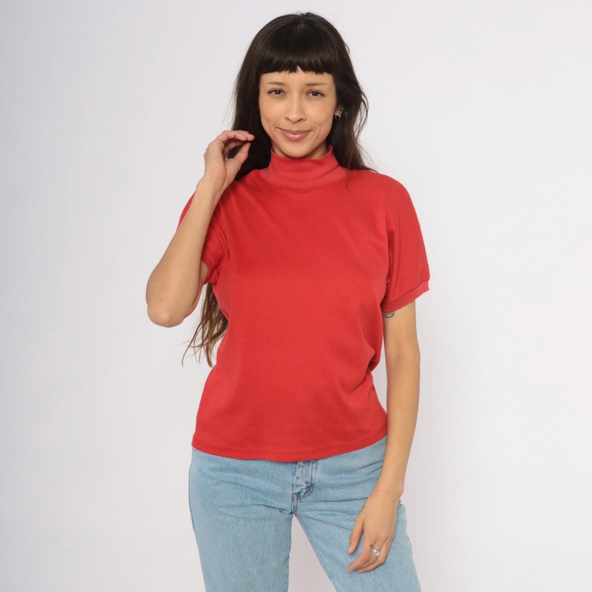 90s French Navy Red Mock Neck Cotton Tee Short Sleeve Medium M