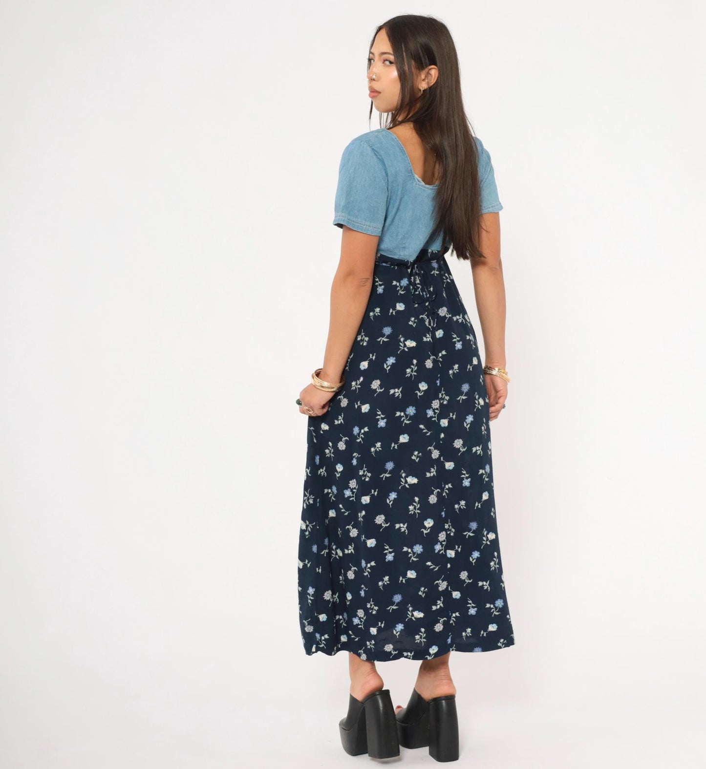90s Express Denim Floral Maxi Dress Navy Empire Waist Button Front Small