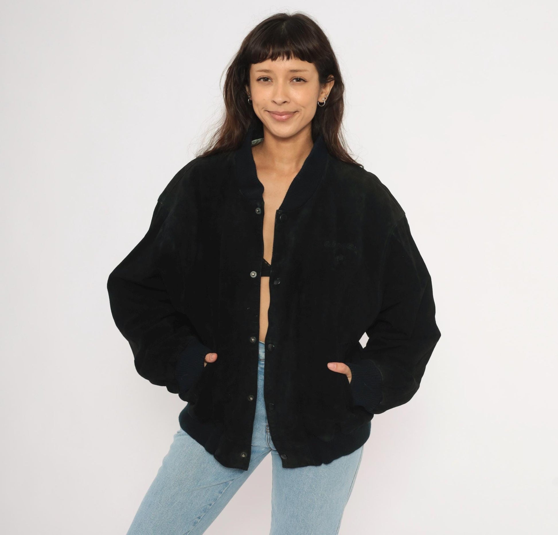 90s Camel Black Suede Bomber Jacket Knit Collar Leather Coat Extra Large XL