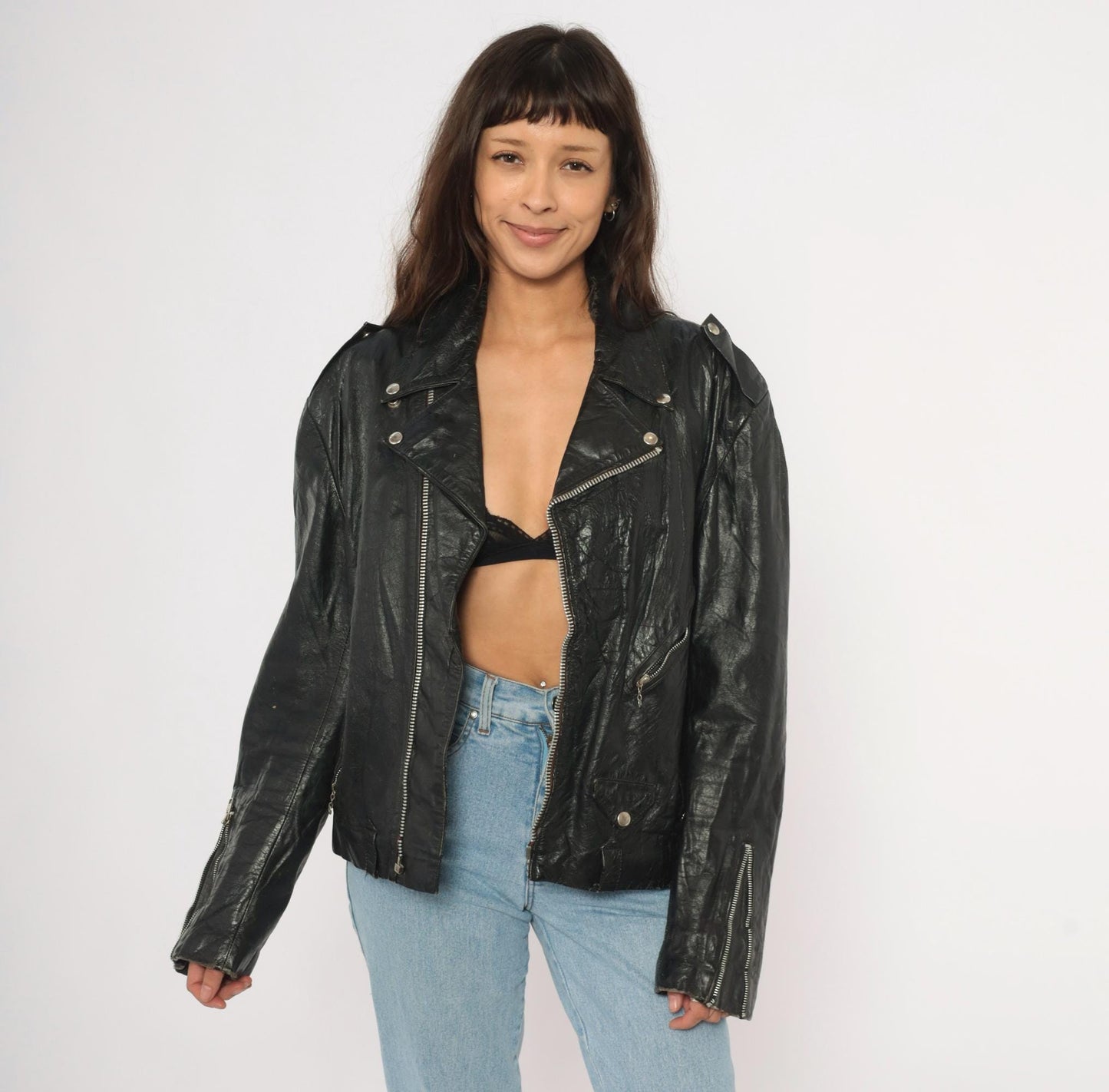 90s Black Leather Moto Jacket Asymmetrical Zip Biker Coat Medium M