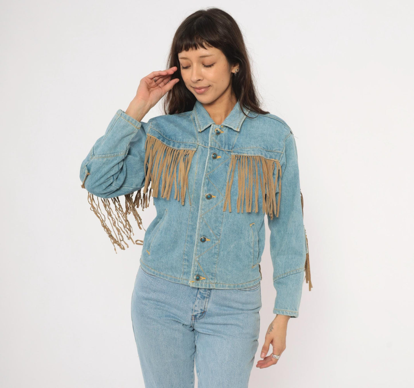 90s Morganwear Denim Jacket Suede Fringe Light Wash Lace-Up Back Medium M