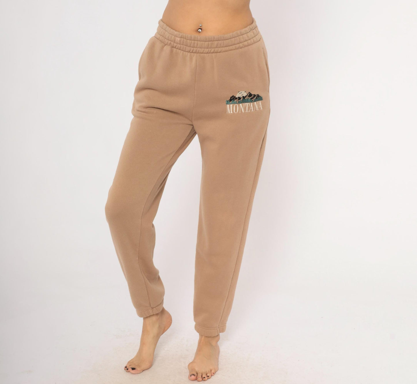 Y2K Montana Embroidered Joggers Tan Fleece Tapered Cuffed Small S