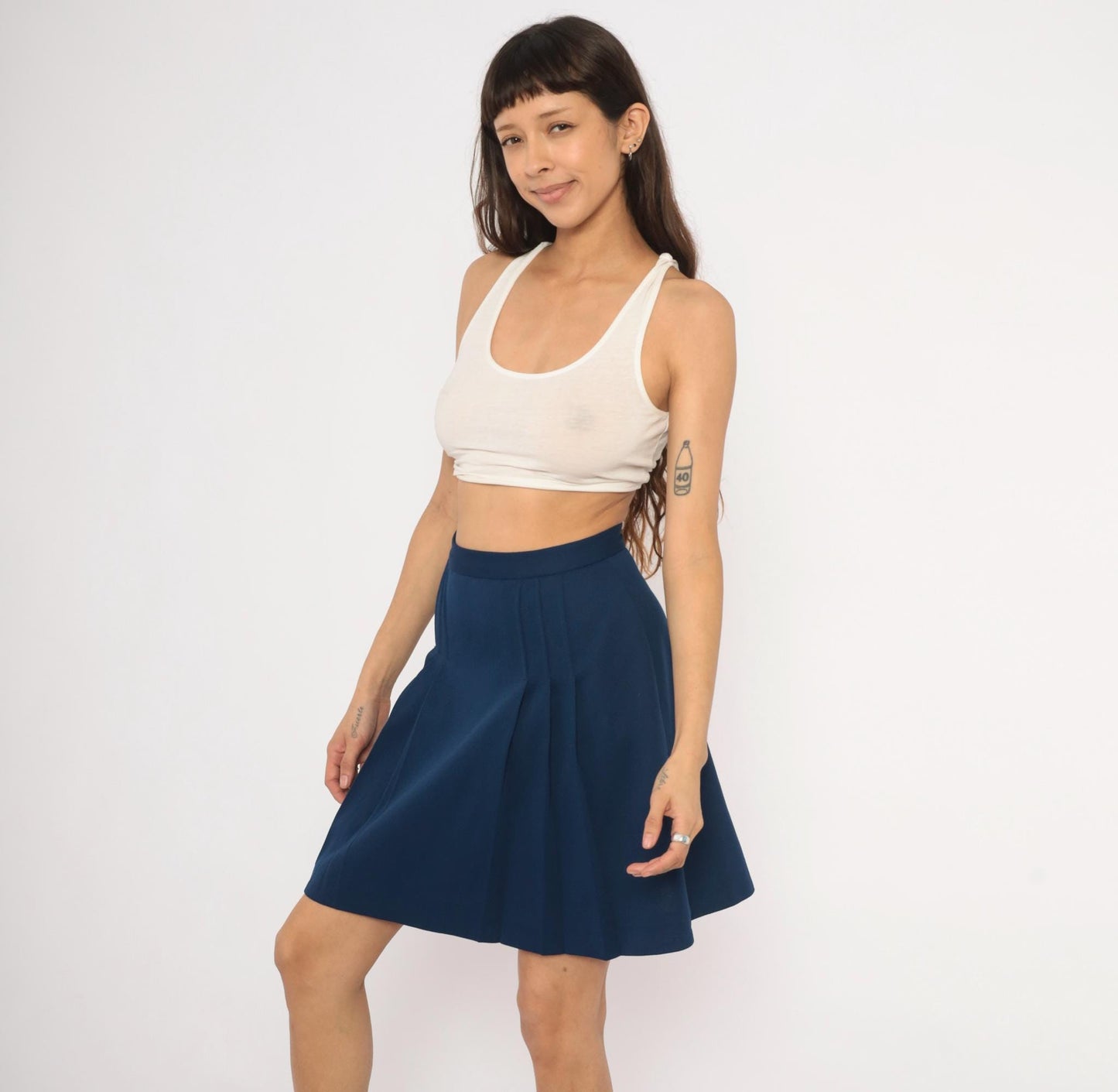 70s Navy Pleated A-Line Skirt High Waist Knee-Length Small