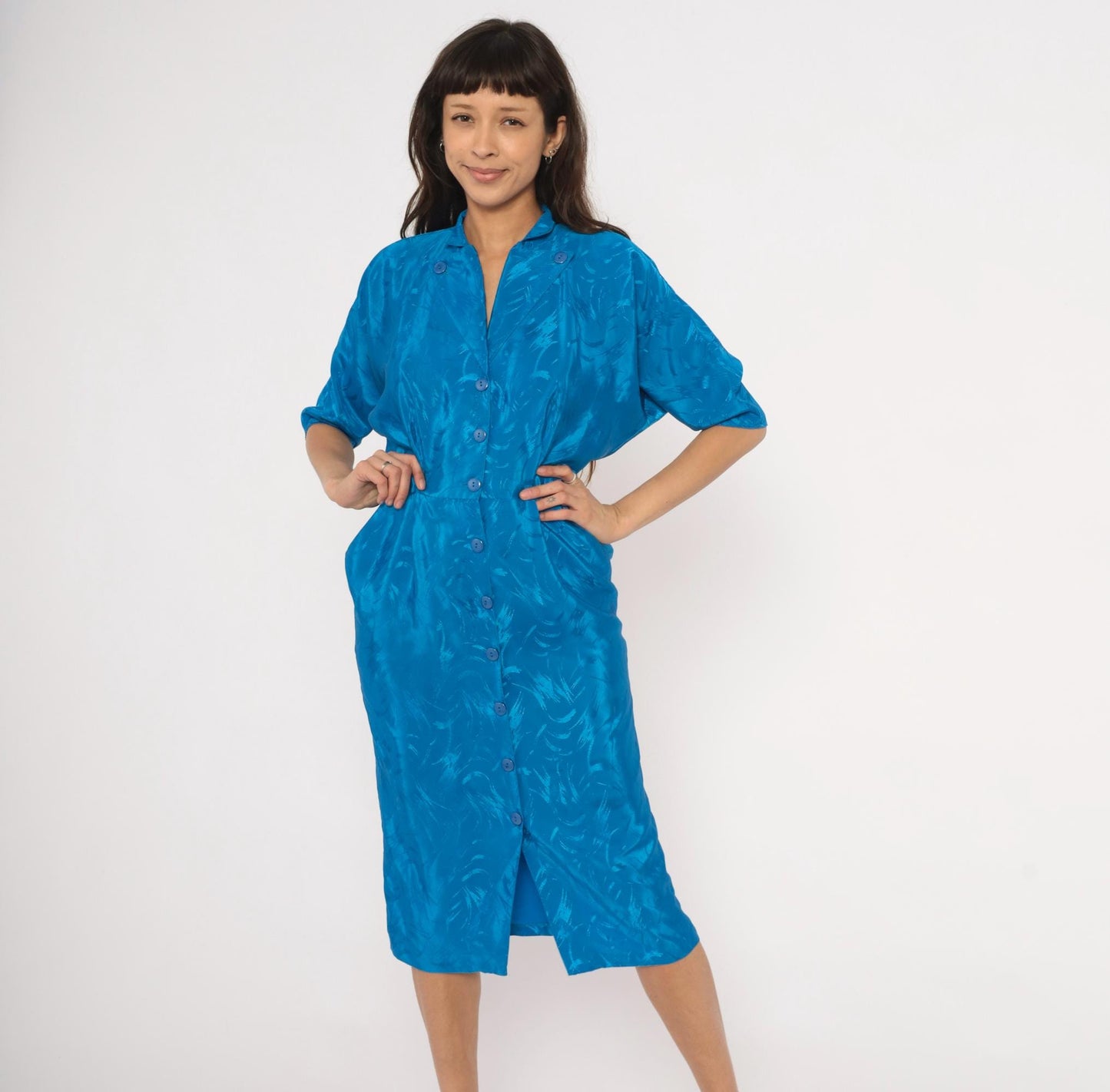 80s Joni Blair Cobalt Jacquard Shirtdress Midi Blue Half Sleeve Small S