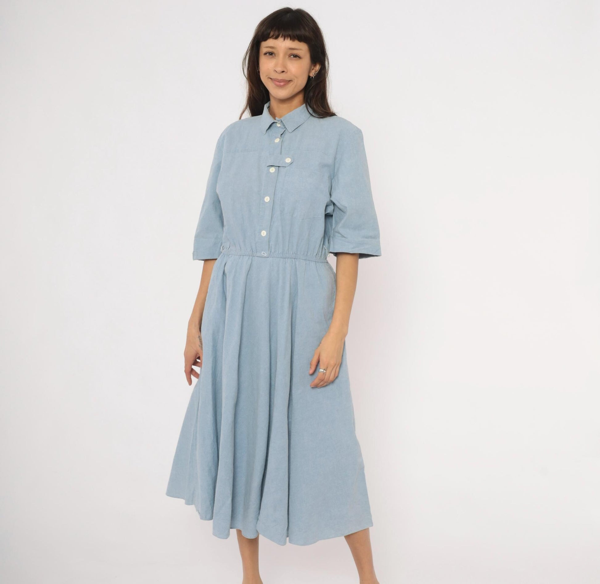 80s Powder Blue Chambray Shirt Dress Cotton Midi Flared Skirt Large L