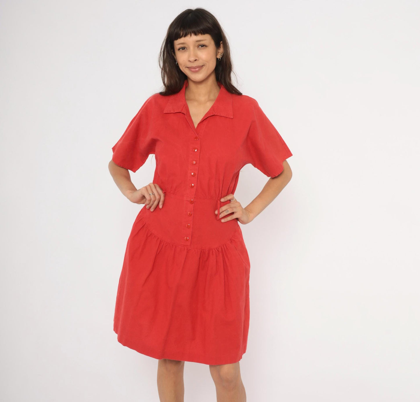 90s Wild Dress Red Cotton Shirtdress Drop Waist Gathered Skirt Medium M